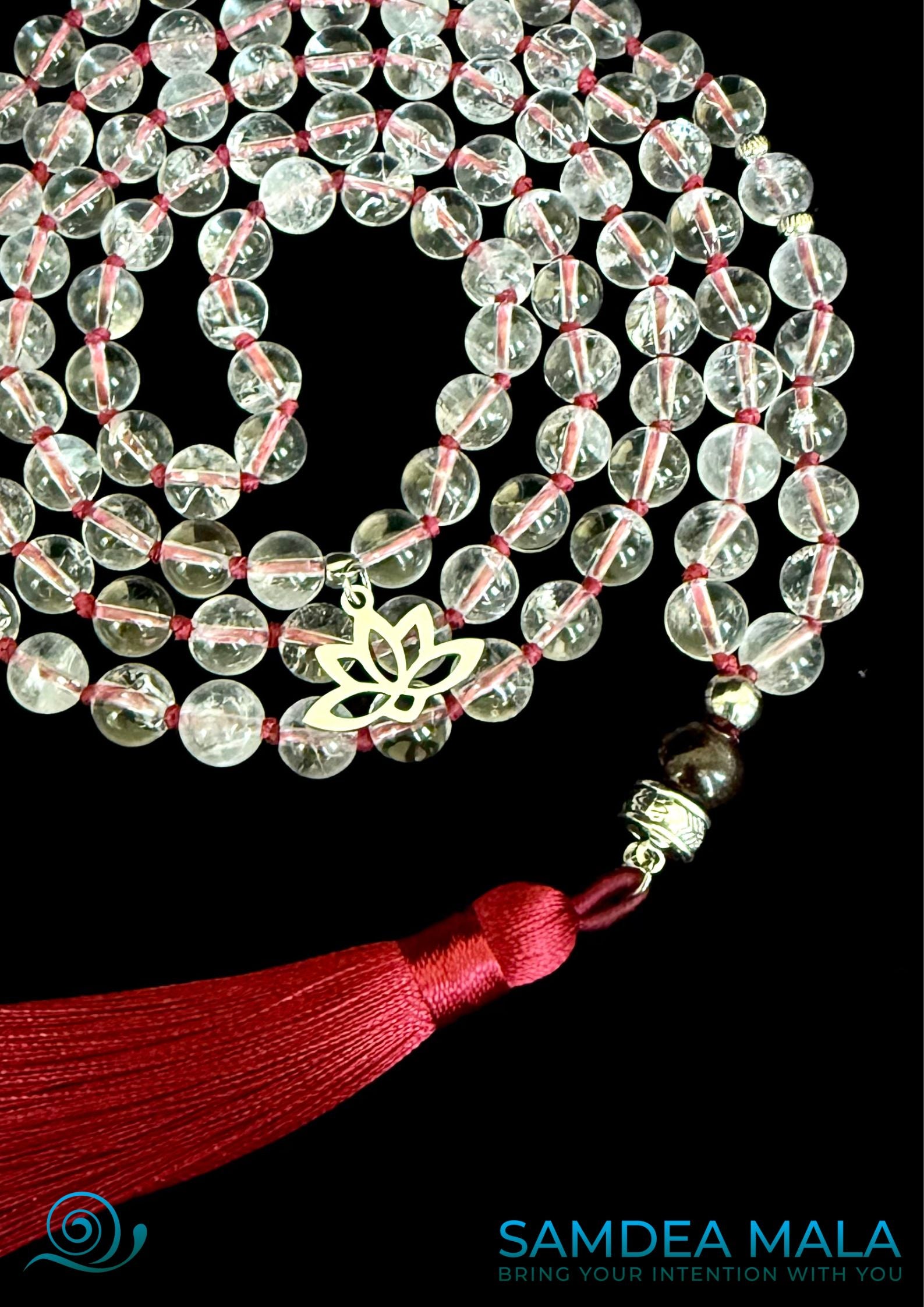 Close-up of deep red thread and tassel on spiritual mala necklace. Samdea Mala made of 108 clear quartz beads with garnet guru bead,
clear quartz mala beads for meditation and mantra recitation On mani Pame Hum. * Mala for meditation. Custom mala beads, 108 prayer beads, Custom mala, Spiritual gift