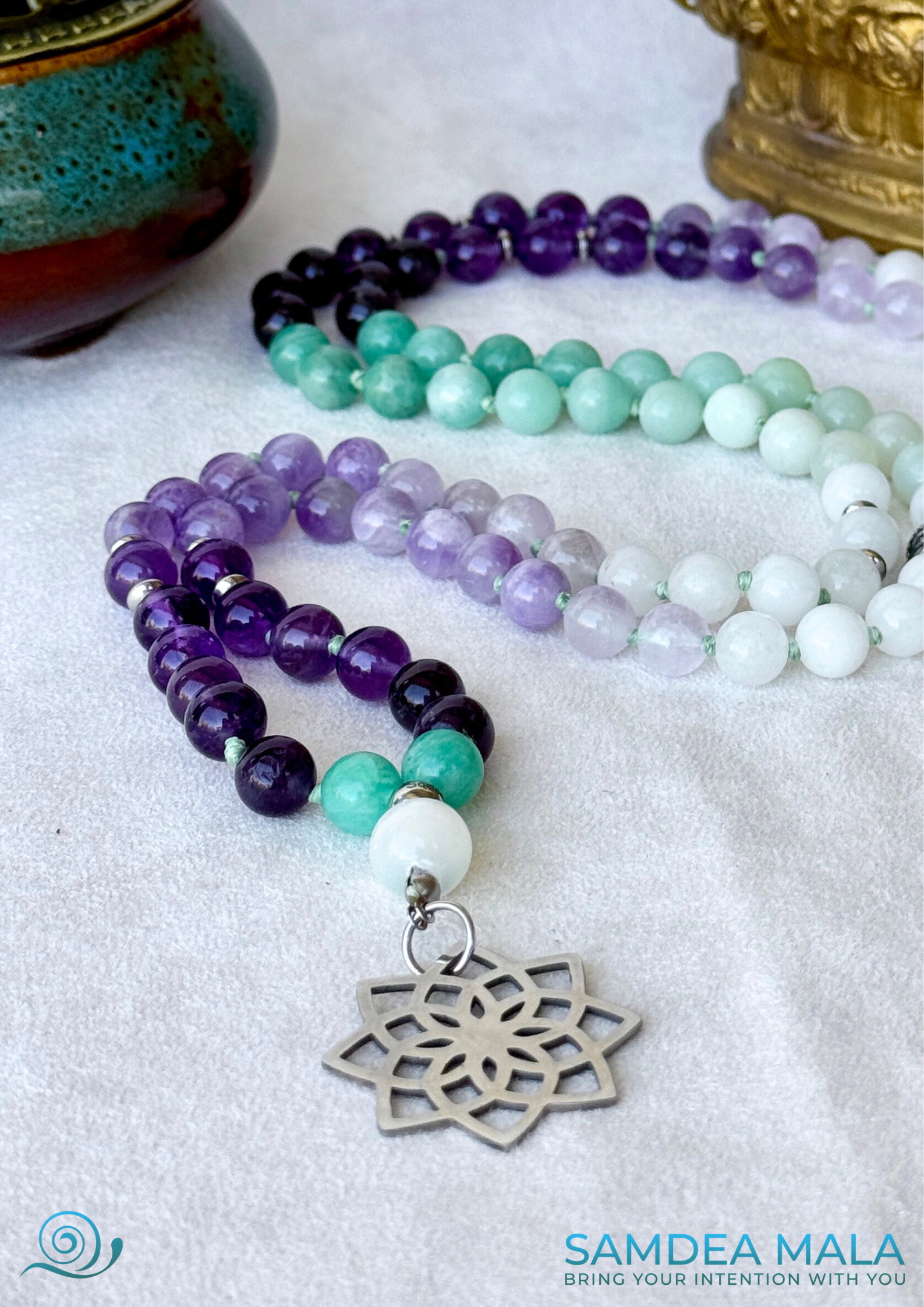 Samdea Mala for letting go and emotional healing – 108 bead necklace with amethyst, amazonite and jade. Mala for Pisces Zodiac Sign.