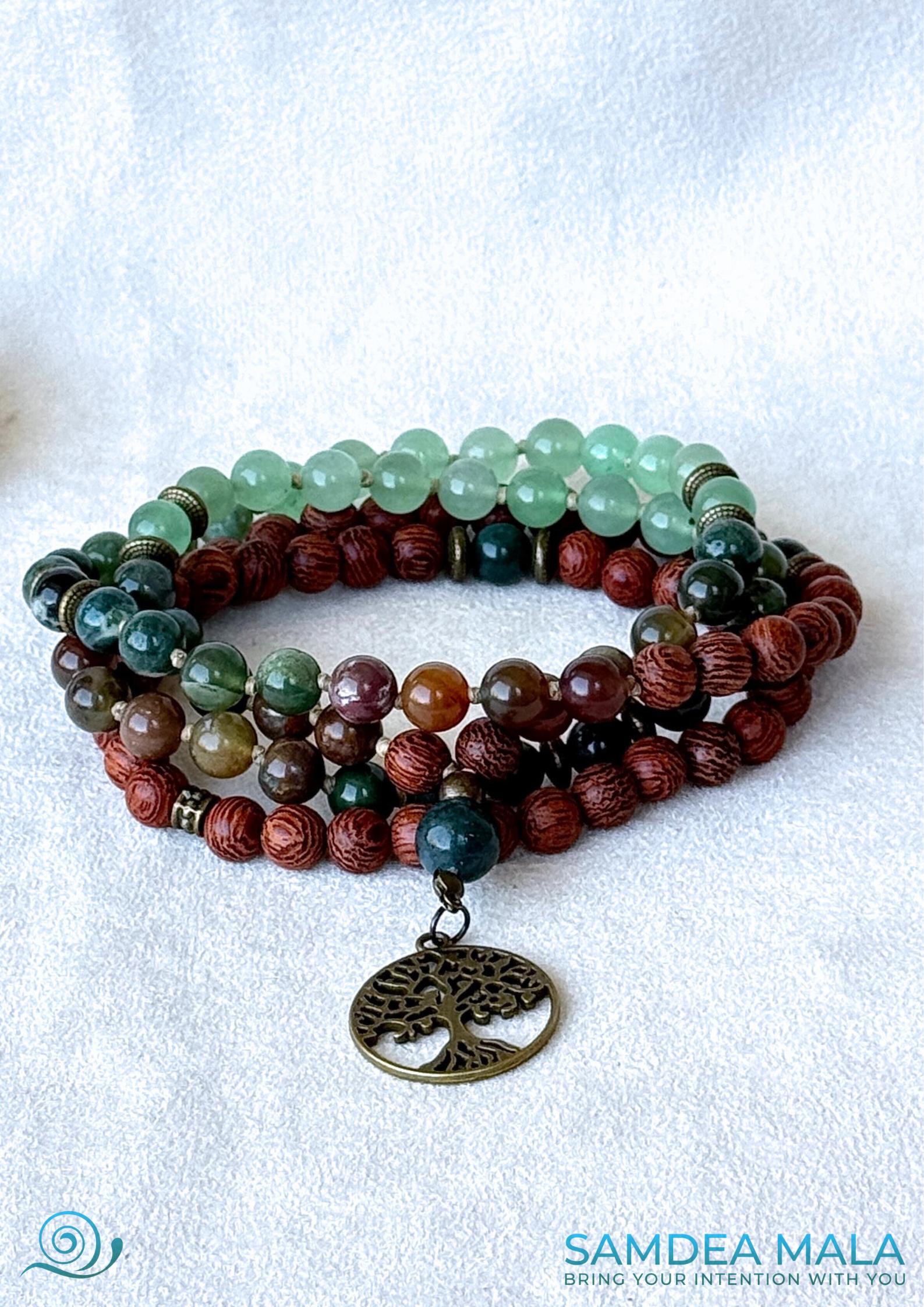 Mala for man in dragon wood, Indian Agate and Aventurine - 108 bead mala styled for meditation and grounding - with tree of life pendant