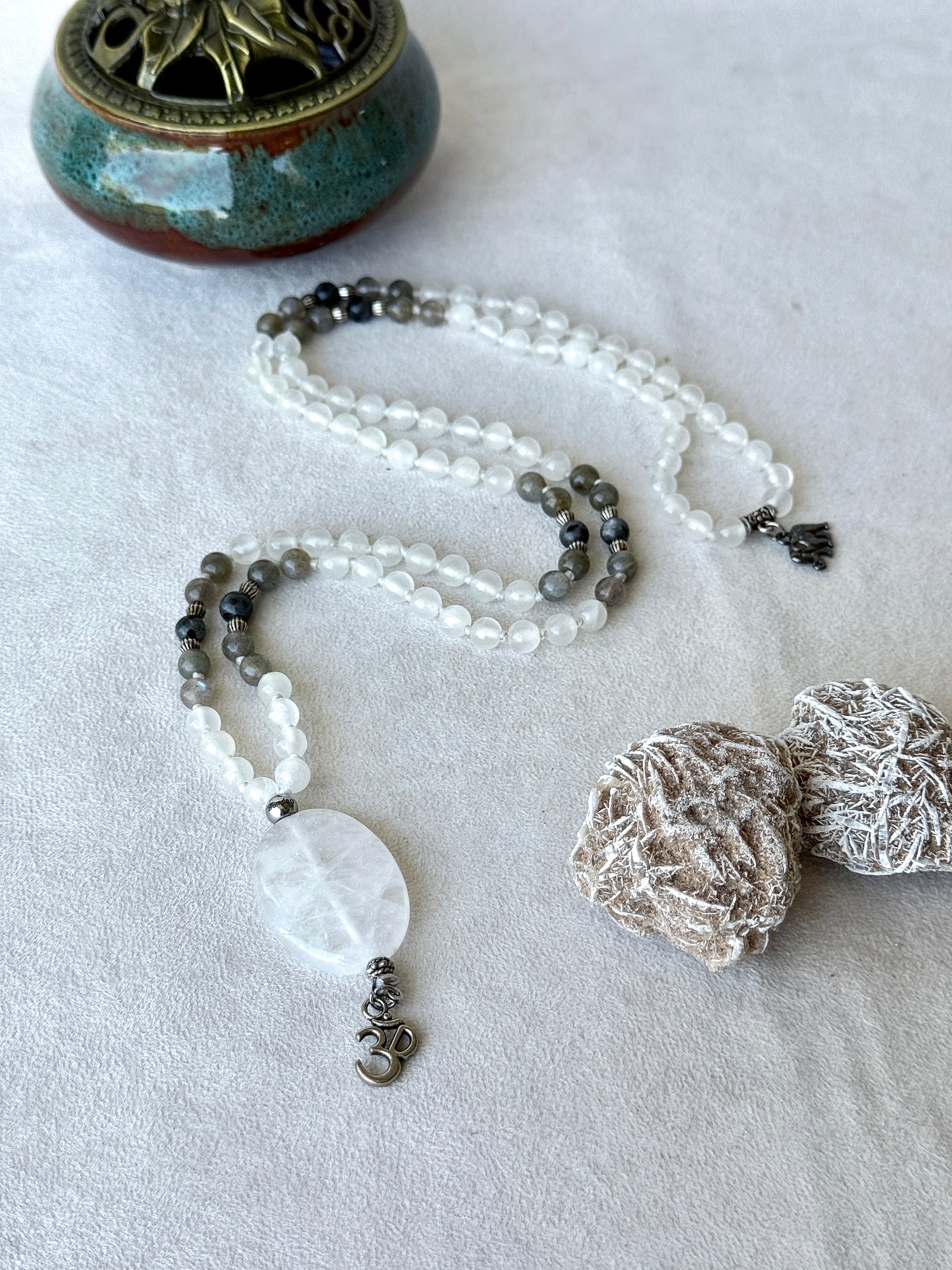 Mala for mediation in Selenite, Labradorite and Clear Quartz - 108 prayer beads mala necklace. Custom Mala for clarity and protection with small om charm.