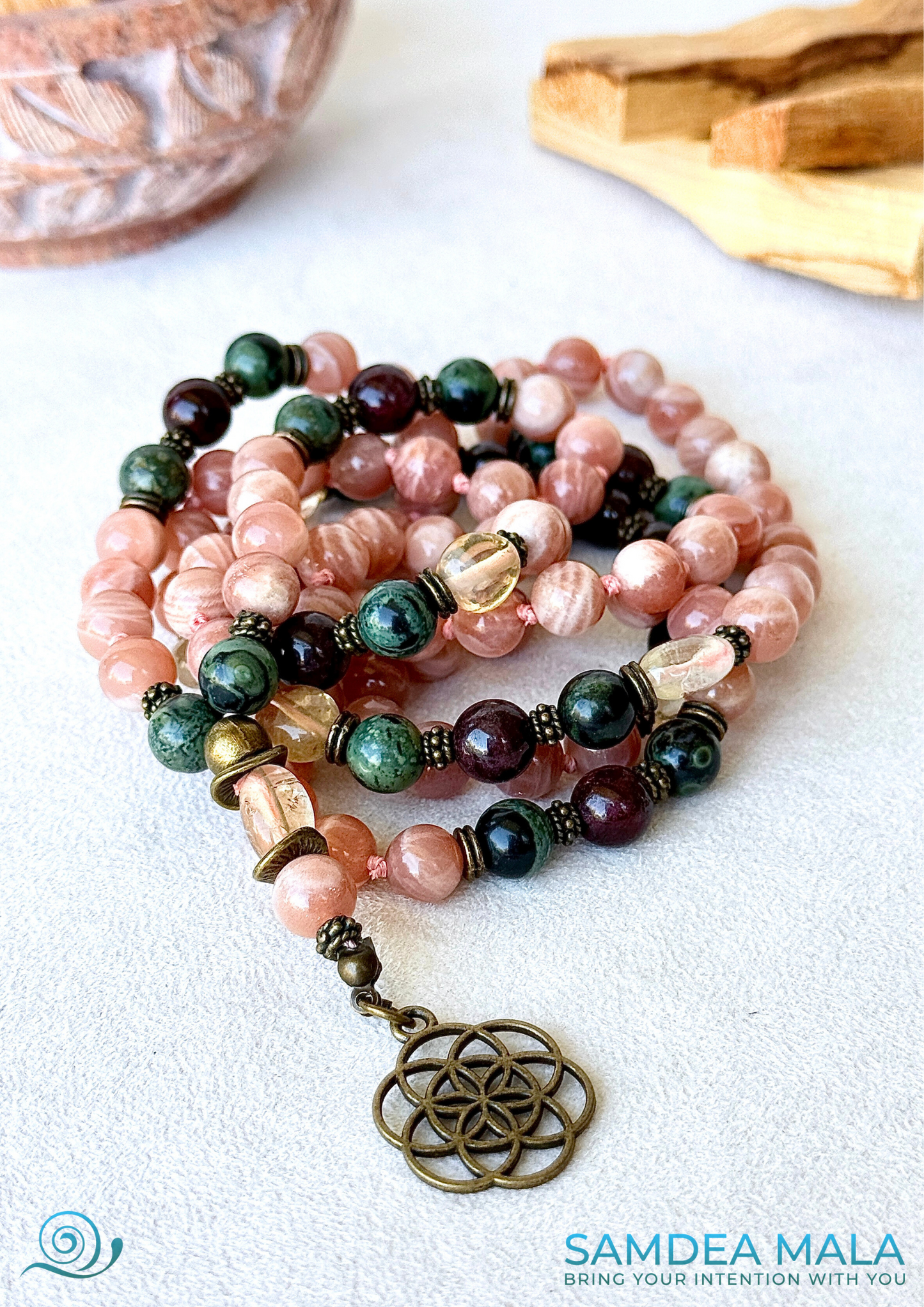 meditation mala, intention 108 necklace, custom mala, energy crystals necklace, spiritual mala, custom mala bracelet, natural gemstones for spiritual grow with seed of life pendant