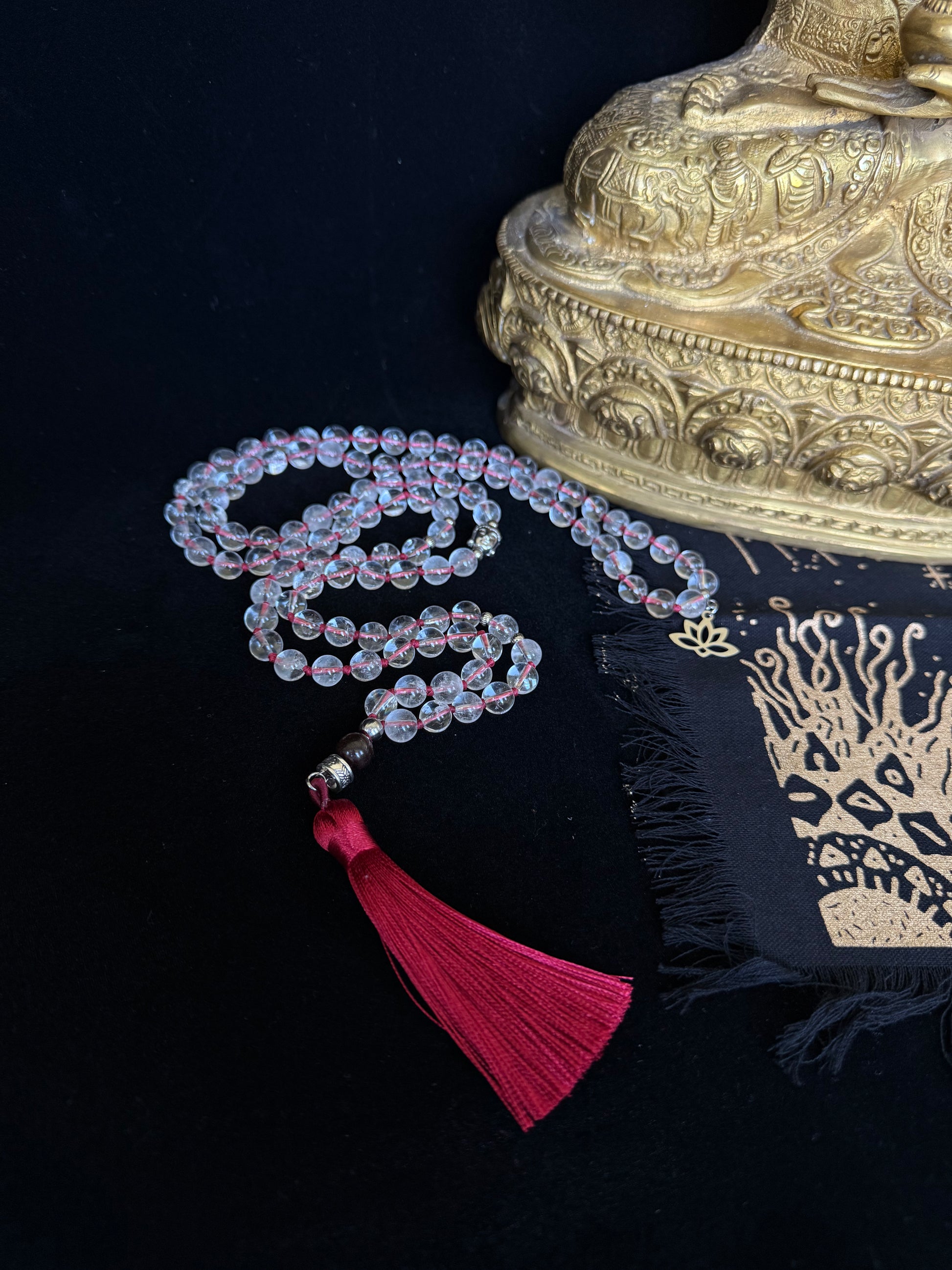 spiritual mala necklace and Buddha. Samdea Mala in clear quartz mala beads for meditation and mantra recitation On mani Pamde Hum. with garnet guru bead, and deep red  thread and red tassel. Mala for meditation. Custom mala beads, 108 prayer beads, Custom mala, Spiritual gift.