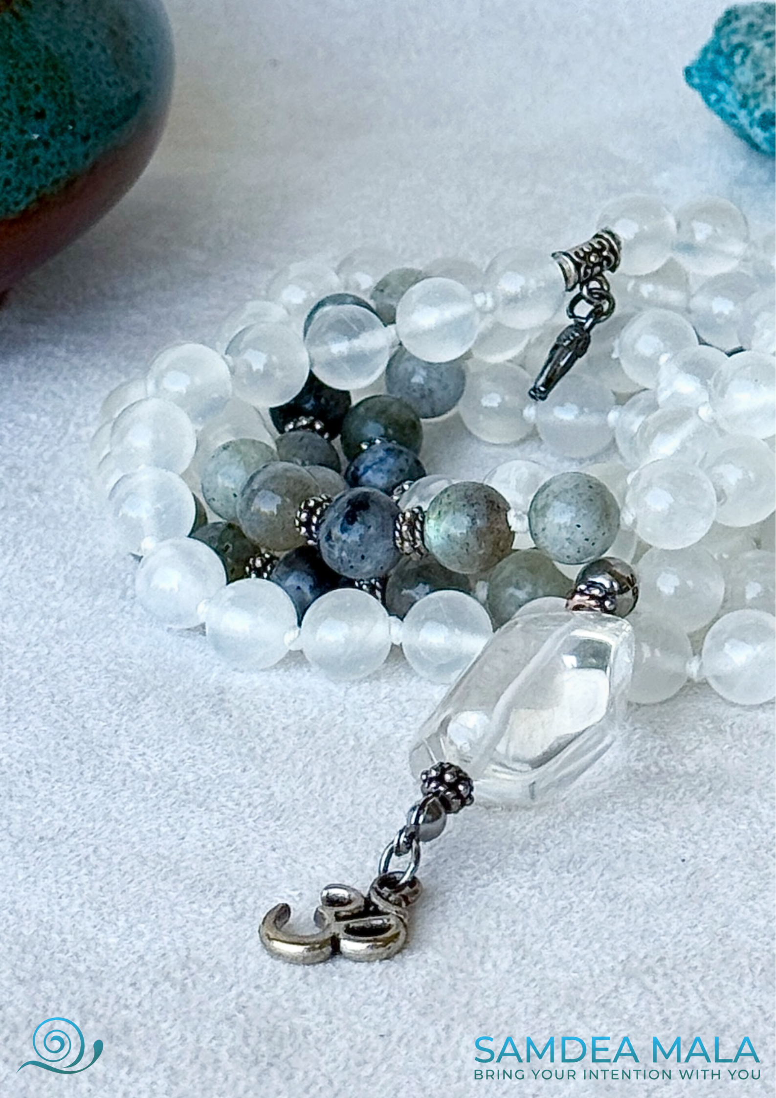 Close-up of Mala for meditation in selenite, Mala necklace with om pendant, Custom mala beads for clarity, 108 prayer beads, Spiritual gift for protection, Labradorite for success. Samdea Mala