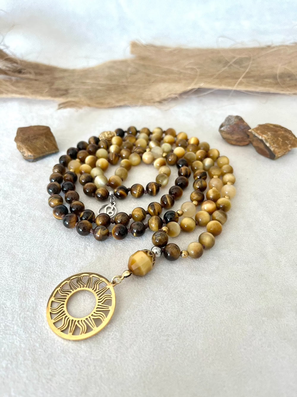 Mala Beads Necklace Handmade – Leo Mala in Tiger’s Eye and Yellow Jade for Strength & Creativity - meditation bracelet, intention bracelets, custom mala, tibetan wrist mala, energy crystals bracelets, spiritual mala, bracelets with crystals, custom mala bracelet, natural gemstones bracelets - Samdea Mala