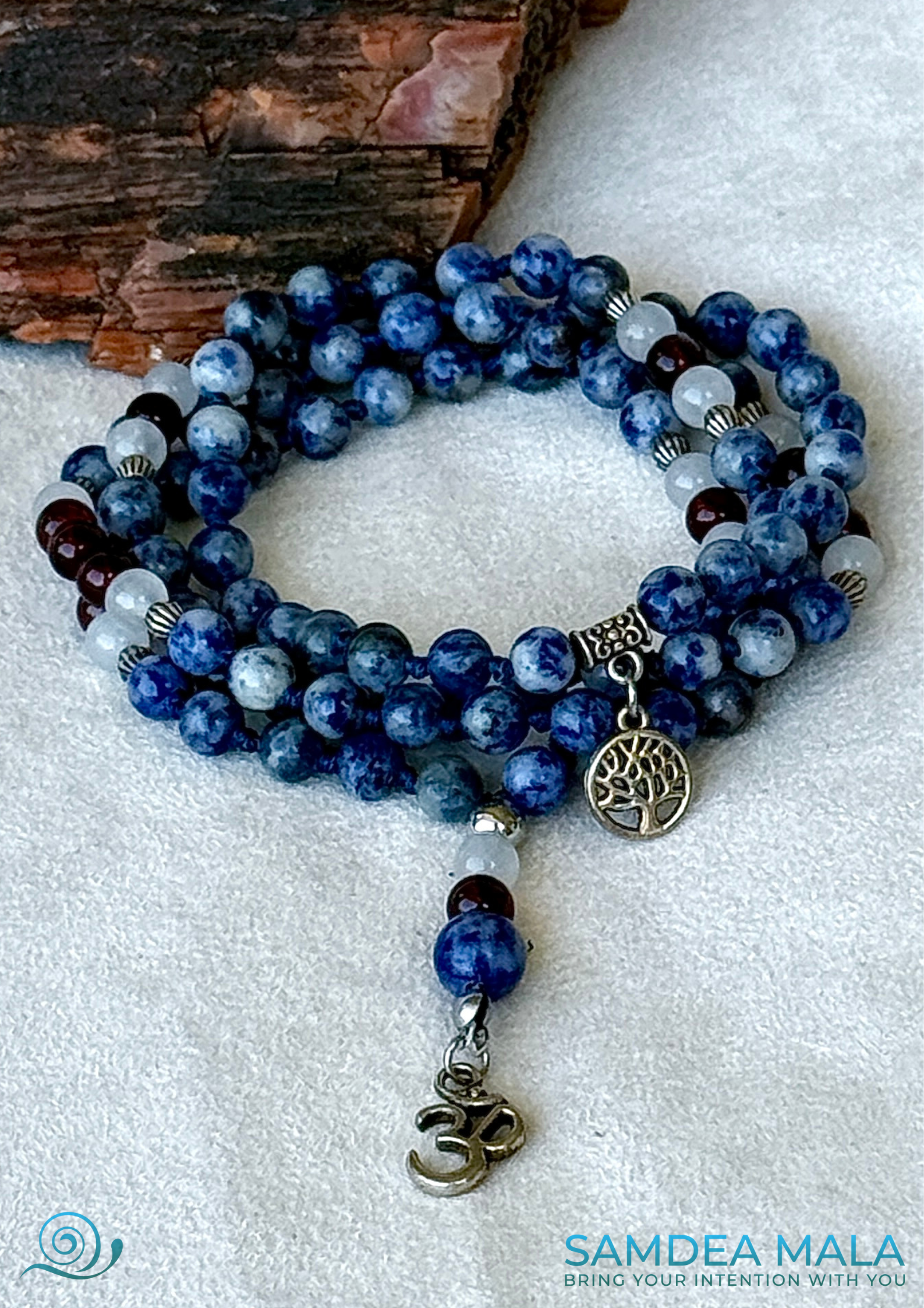 Mala for meditation in Blue Jasper, White Jade & Garnet – Handmade Meditation Necklace with om pendant and tree of life charm
