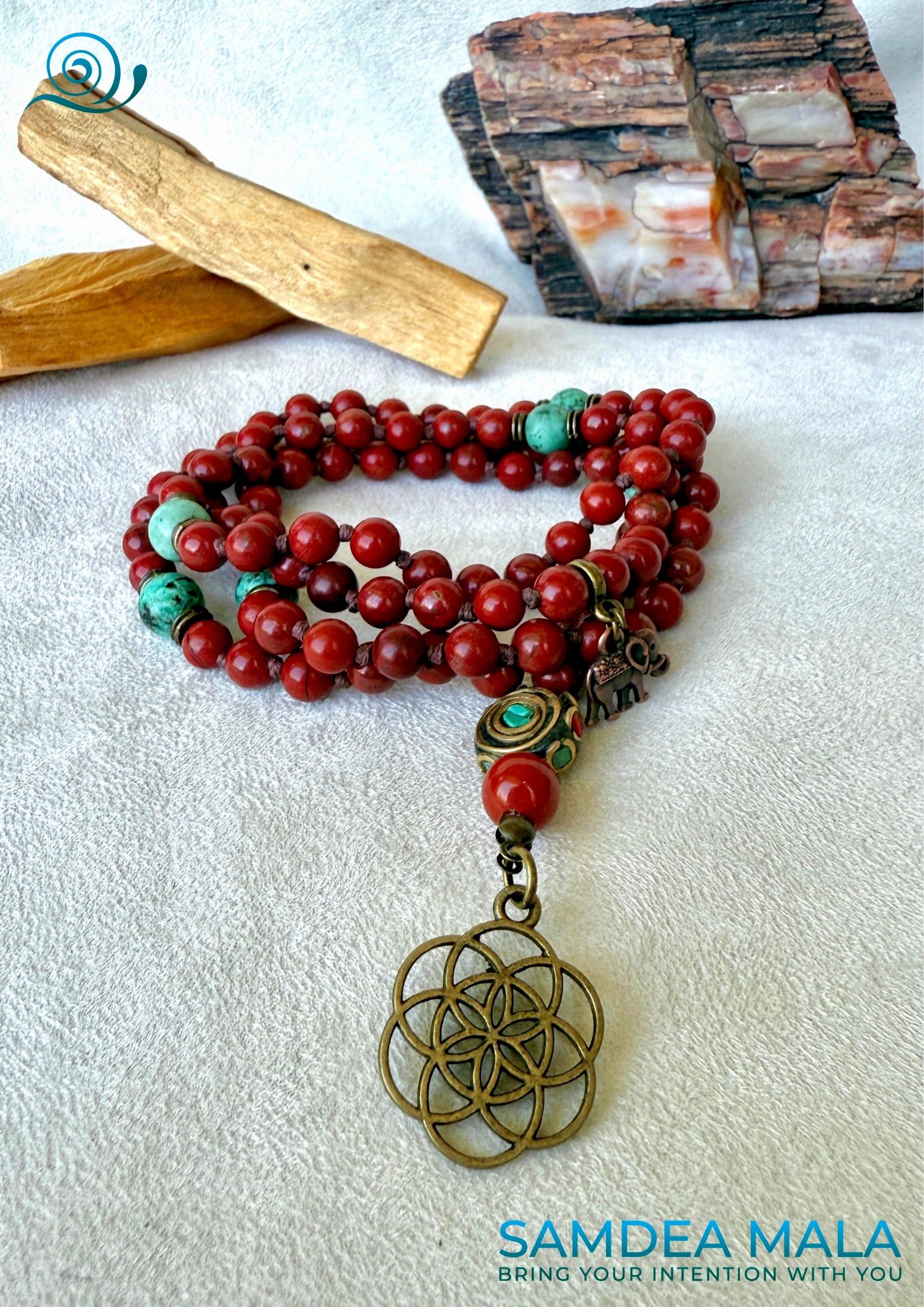 Mala for meditatio with Red Jasper and African Turquoise, hand-knotted with 108 beads for meditation and personal growth. Earthy red and green tones, spiritual jewelry for grounding, strength, and transformation.