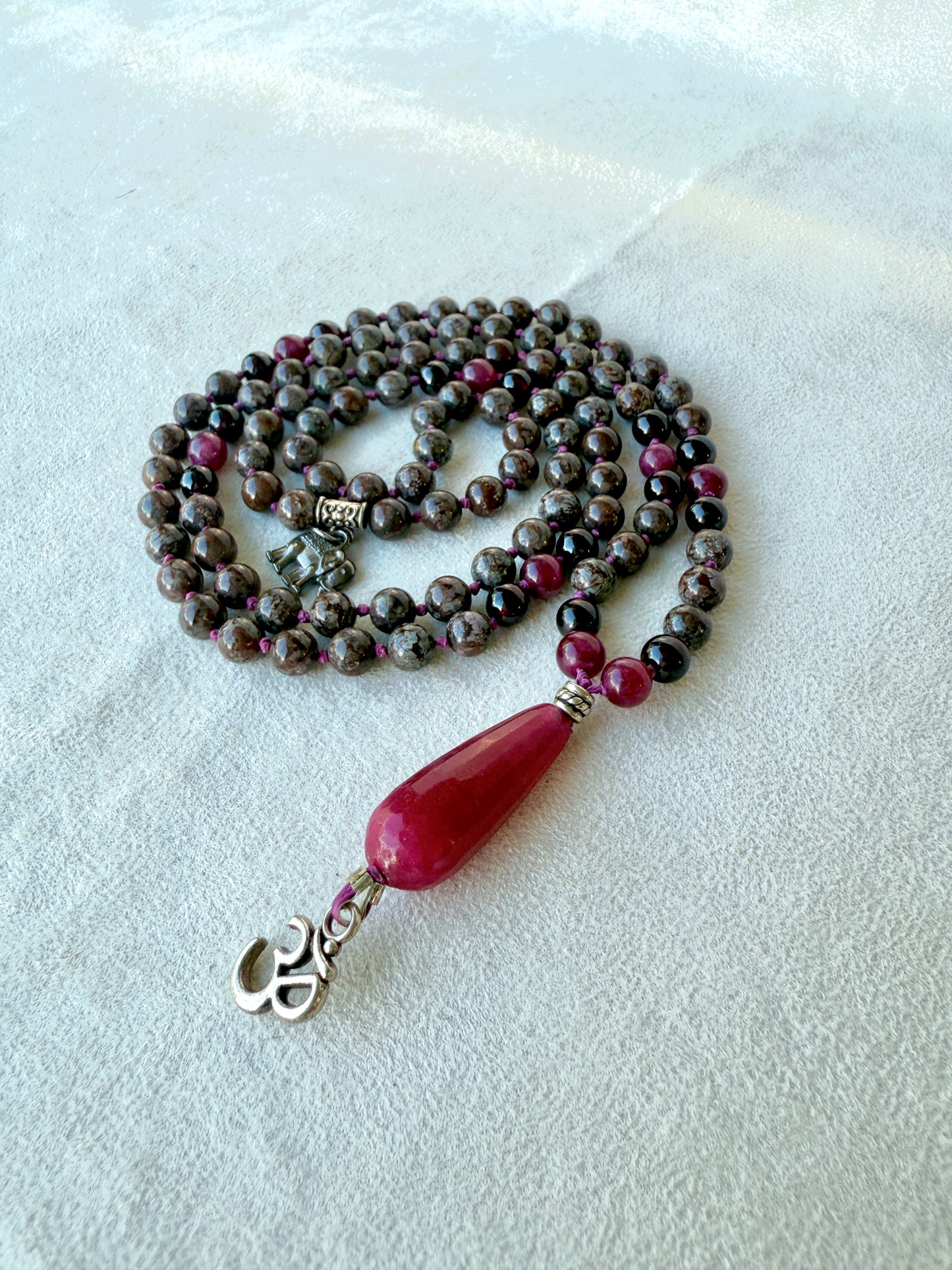 Minimalist meru option on customized mala necklace (snowflake obsidian + garnet)