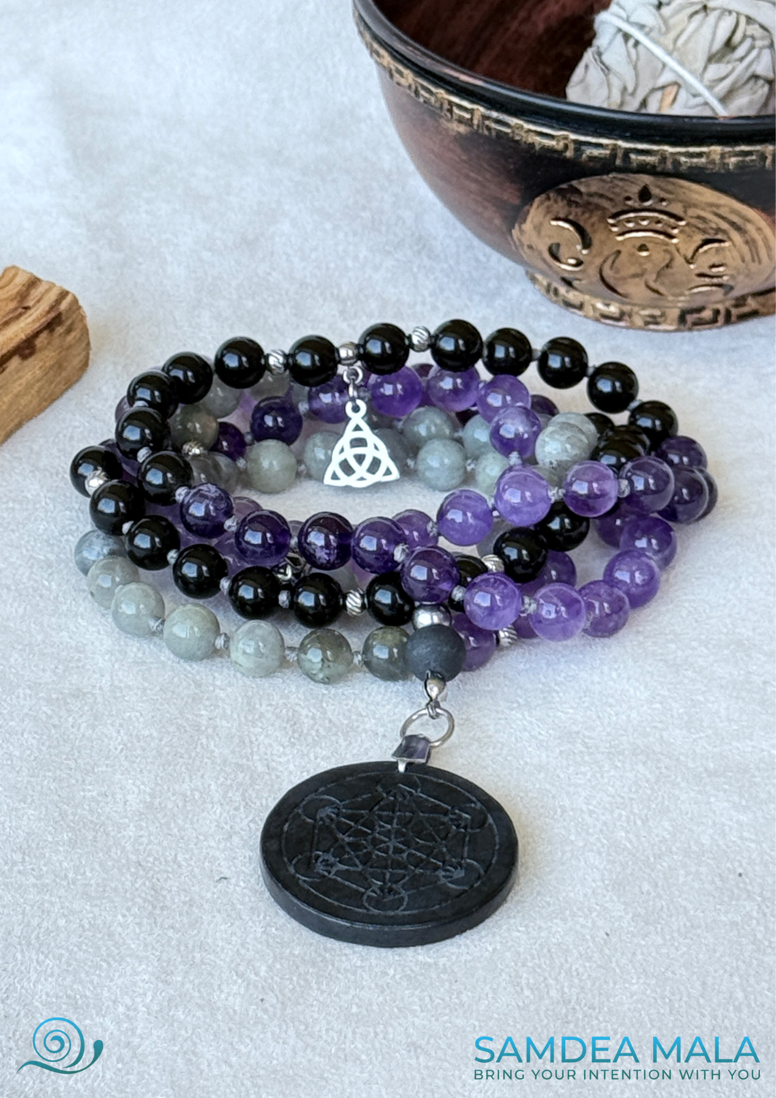 Samdea Mala for shadow work with obsidian, amethyst, and labradorite, hand knotted mala, handmade in US. 108 grounding meditation beads with dark feminine spiritual energy. Inner child and trauma healing mala