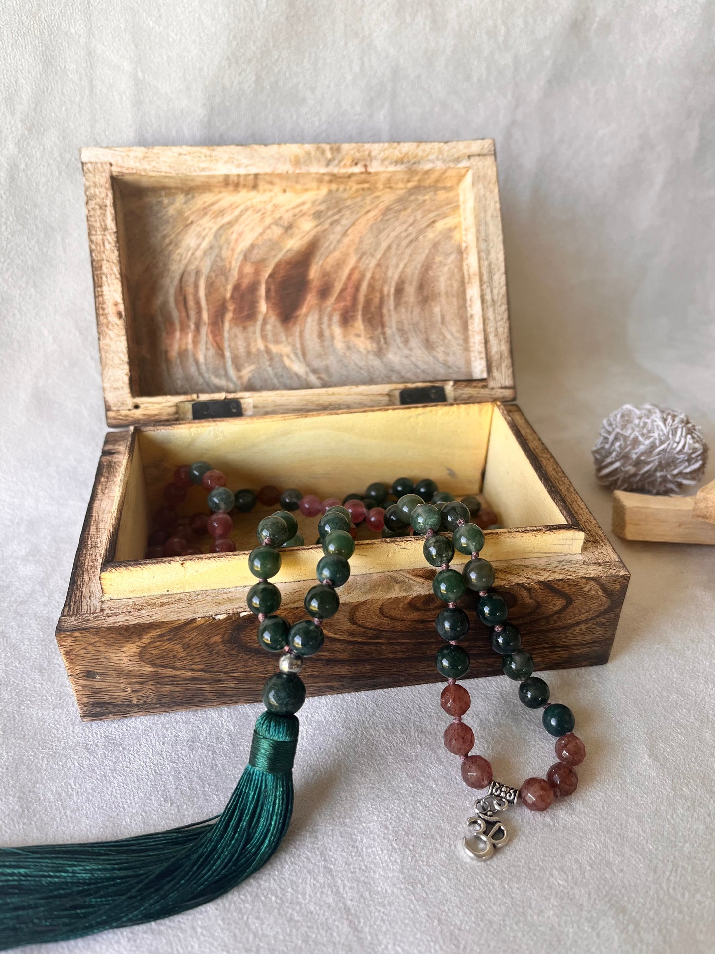 Open Carved Wooden Sacred Jewelry Box for storing sacred items, earth goodness or om design with a Samdea Mala