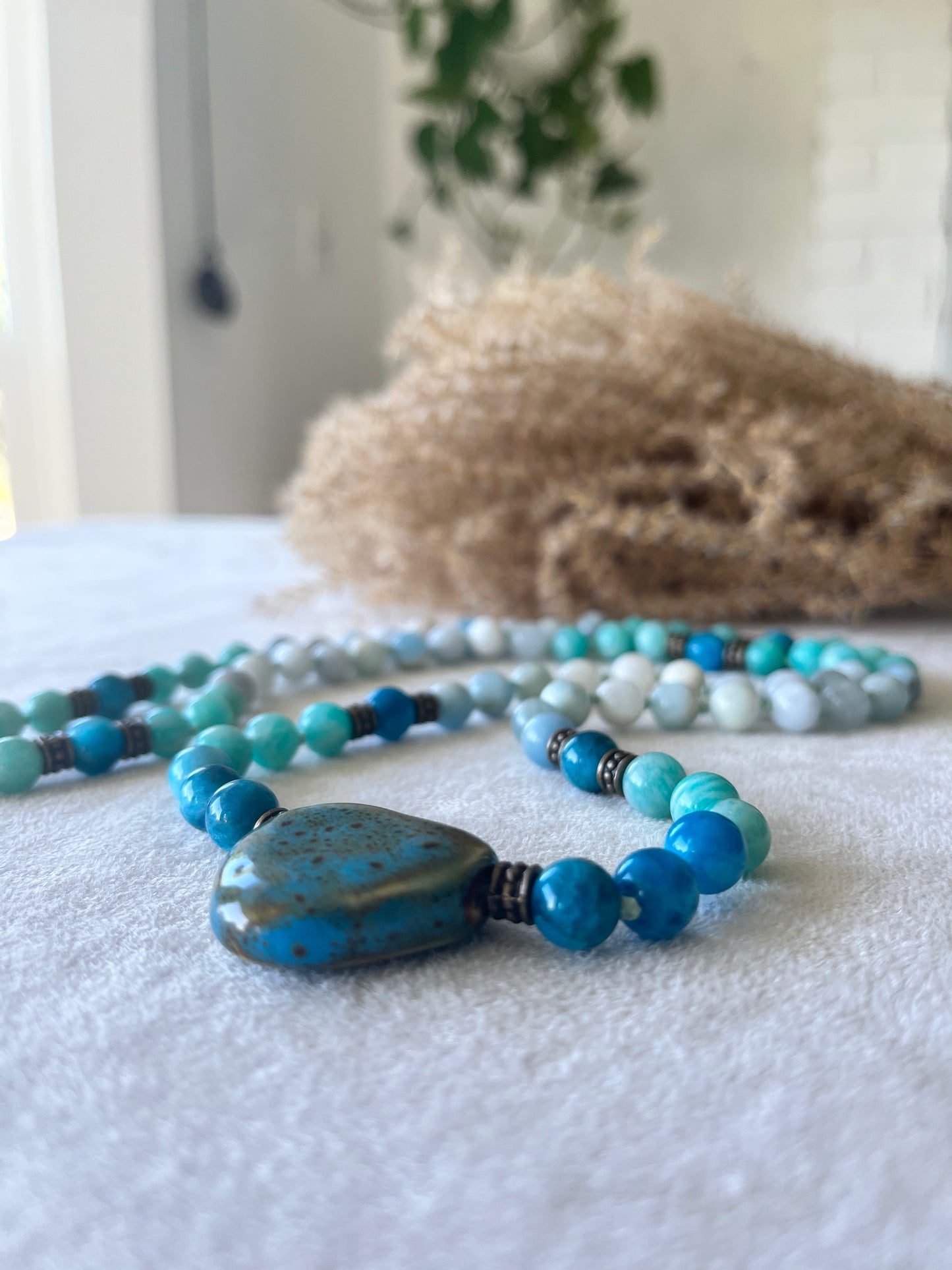 Close-up Apatite mala, Amazonite mala, Aquamarine mala, Throat chakra mala, Handmade mala, Meditation beads, Yoga jewelry, Spiritual necklace, Blue green mala, Communication mala, Healing stones, Mindfulness beads, Custom 108 mala beads by Samdea