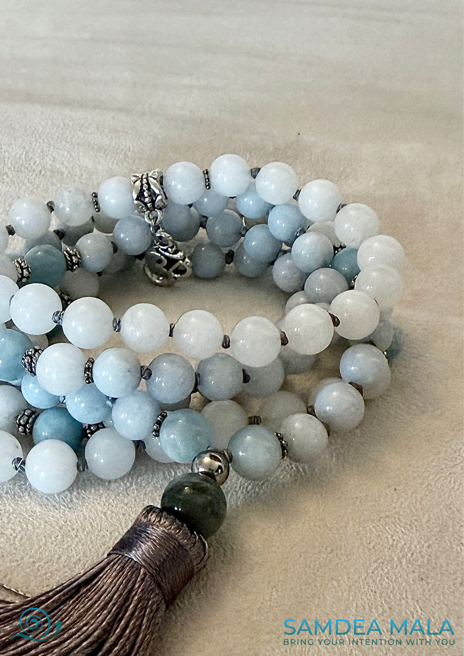 Mala in Aquamarine and White Jade with Tassel for peace and presence