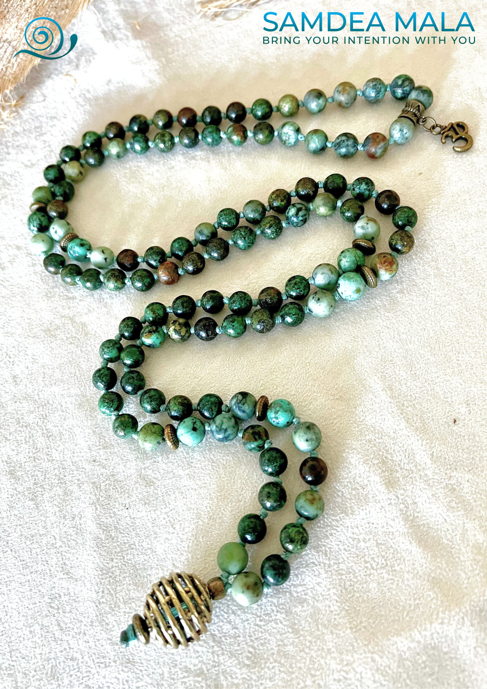 Samdea Mala in natural Turquoise Jasper with spiral sphere pendant for meditation and balance
