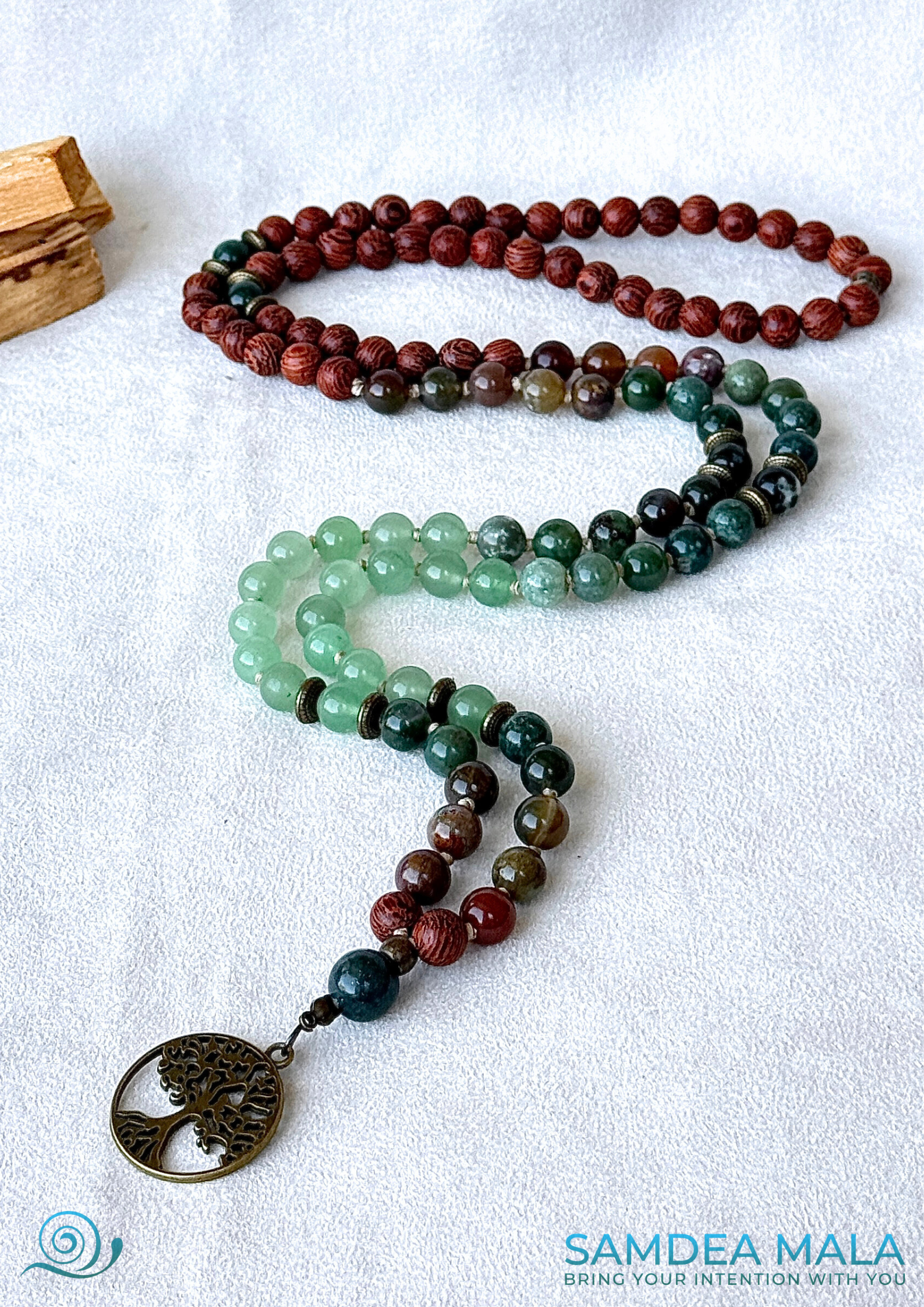 Mala in dragon wood, Indian Agate and Aventurine - 108 bead mala styled for meditation and grounding - with tree of life pendant