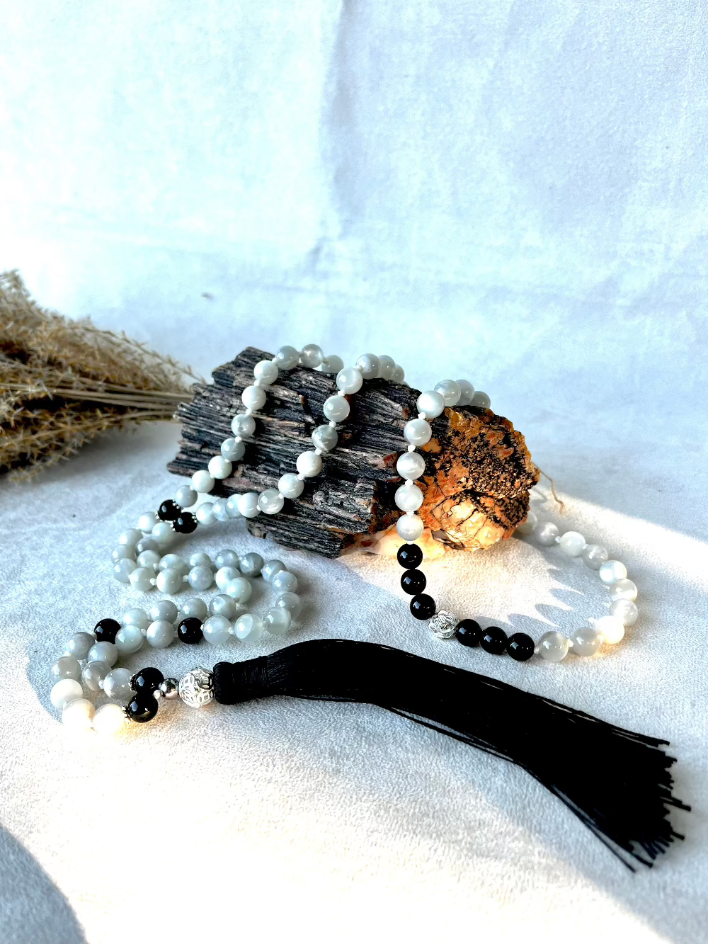 Meditation mala, spiritual mala beads in moonstone and black tourmaline for strength and protection with tassel - Samdea Mala