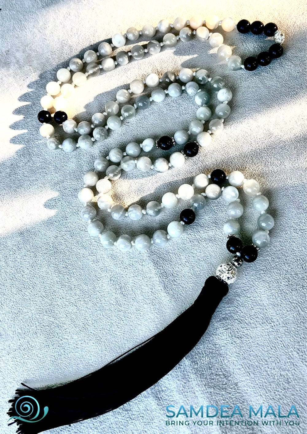 Full view of mala necklace with tassel – for meditation, protection and spiritual clarity