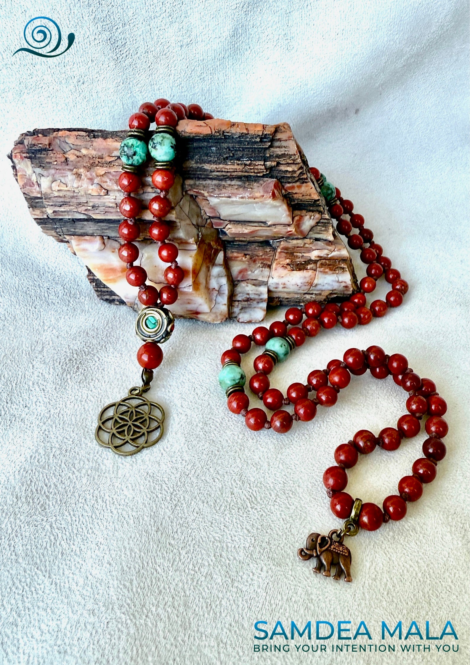 Mini mala necklace with Red Jasper and African Turquoise, hand-knotted with 108 beads for meditation and personal growth. Seed of life pendant