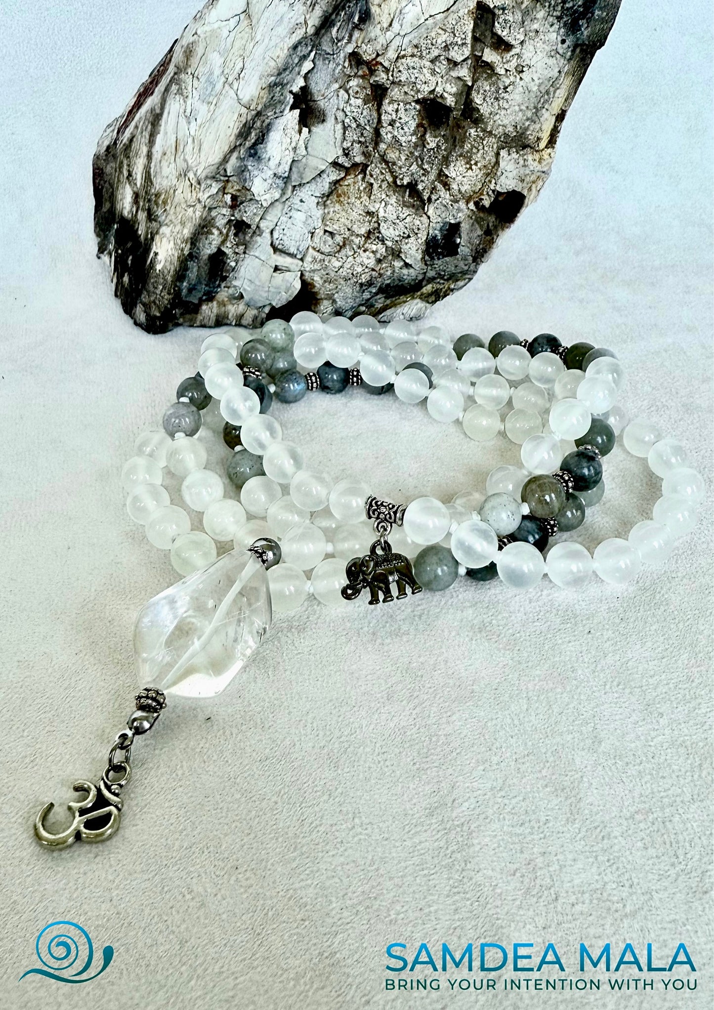Mala beads for meditation in selenite, Mala necklace with om pendant, Custom mala beads for purification and success with om pendant. Natural gemstone mala