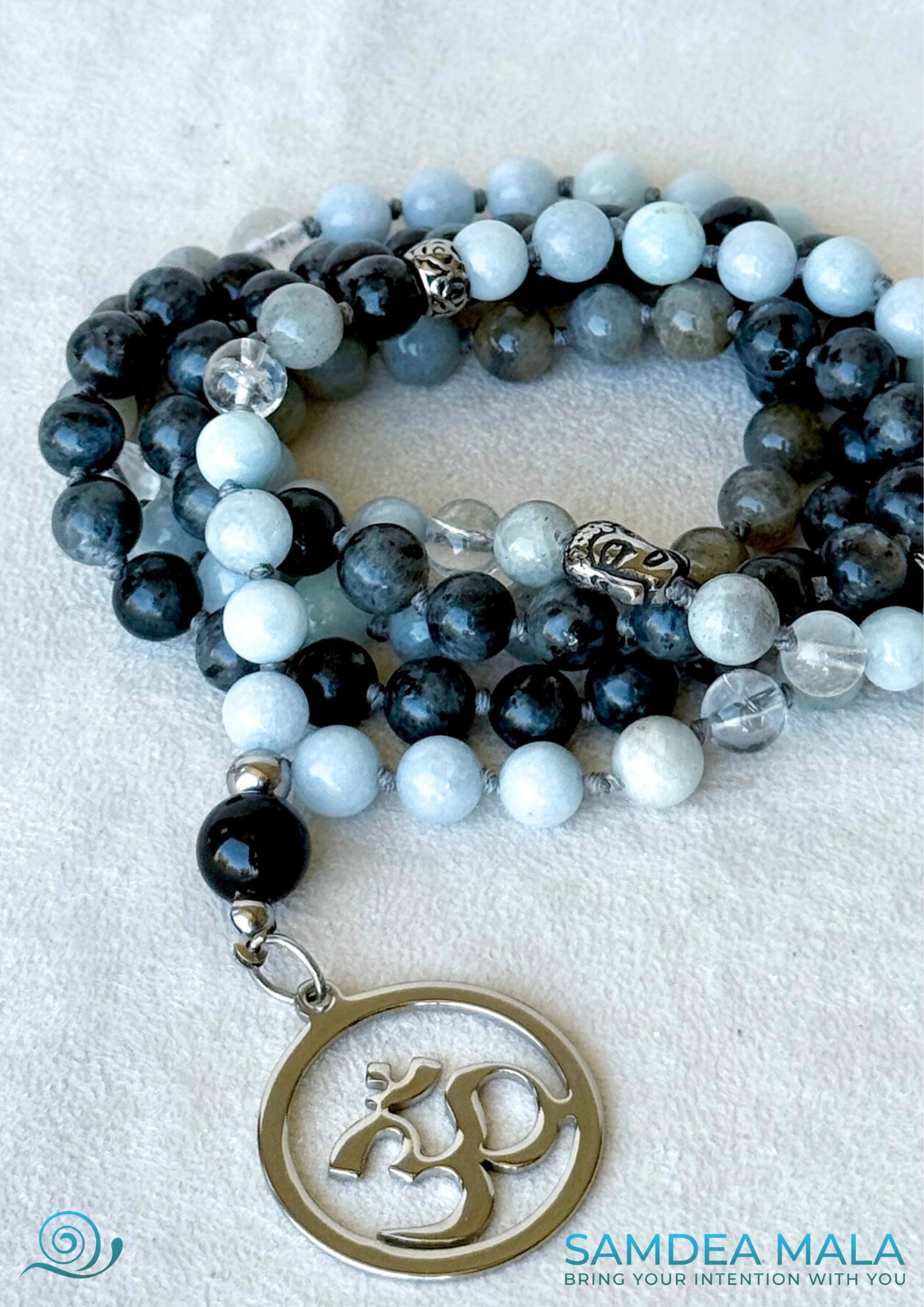 Mala necklace in natural gemstone | Hand Knotted 108 Beads for Meditation and mindfulness - om charm - full view