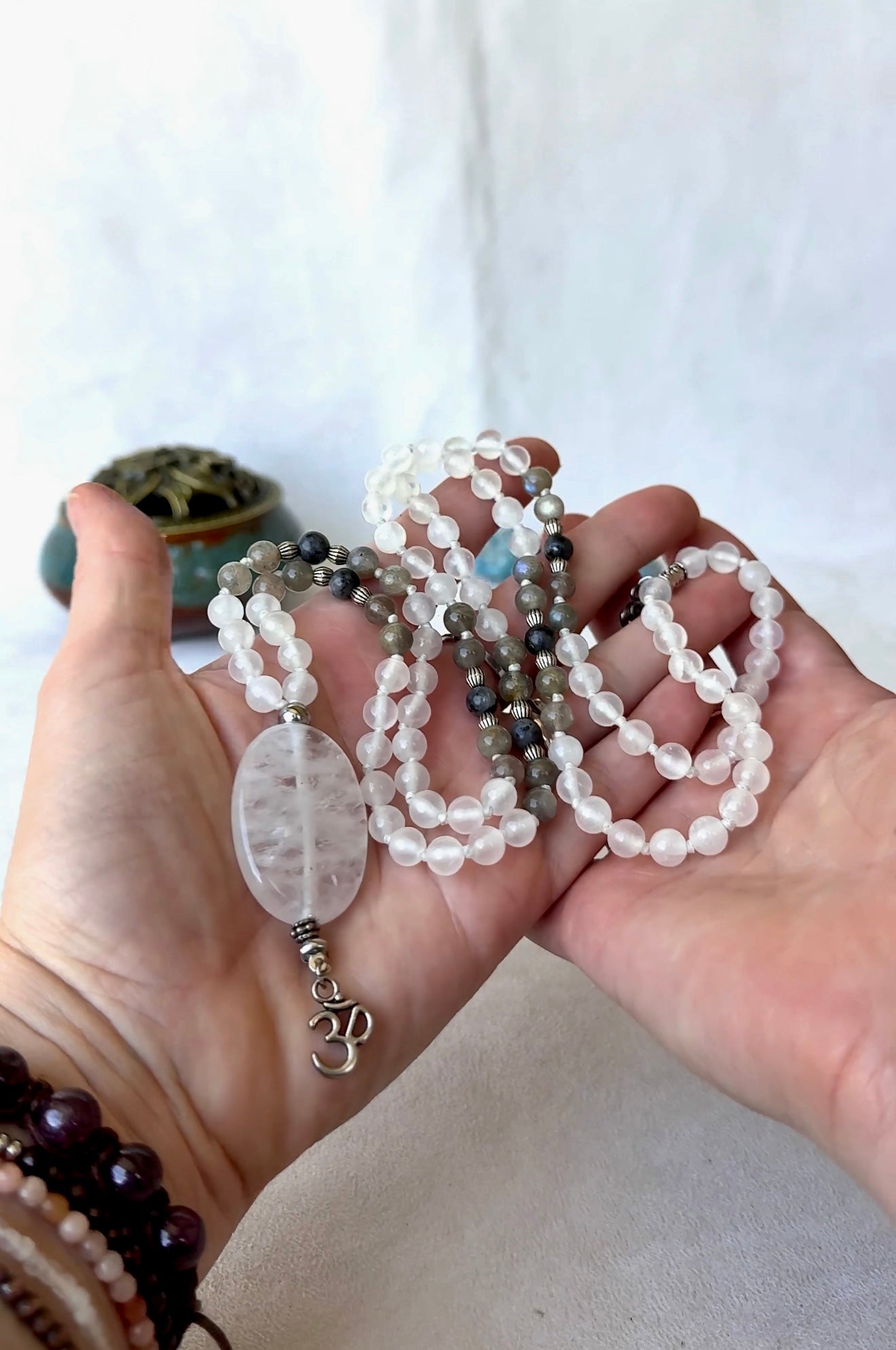 Mala for mediation in Selenite, Labradorite