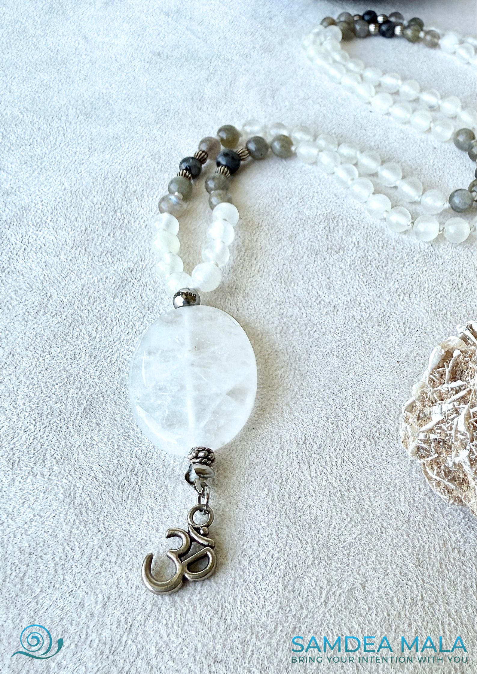 Mala in Selenite, Labradorite and Clear Quartz - 108 prayer beads mala necklace. Custom Mala for Meditation and protection with small om charm.