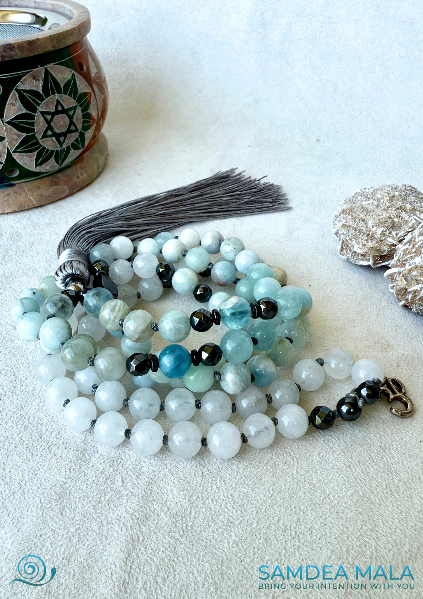 Meditation mala with tassel, Hand-knotted mala in Aquamarine and White Jade mala for meditation, yoga, and spiritual practice