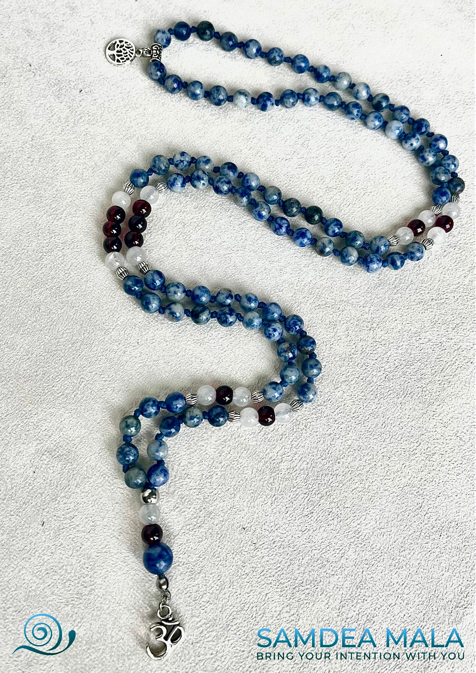 Mini Mala in Blue Spot Jasper, White Jade & Garnet – Handmade Meditation Necklace