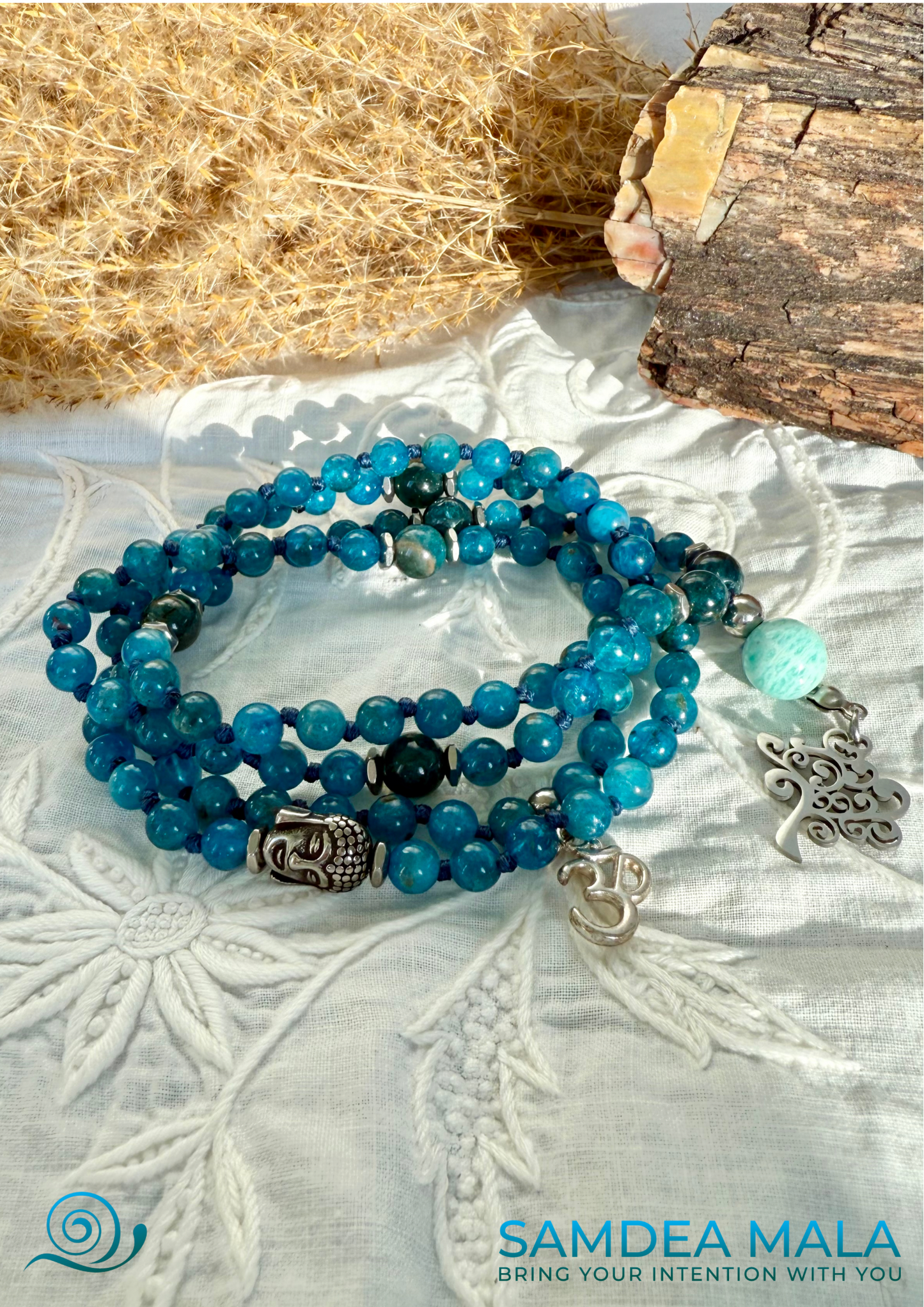 Apatite Mala Beads Necklace Handmade – Meditation Jewelry for Clarity and Focus - meditation bracelet, intention bracelets, custom mala, tibetan wrist mala, energy crystals bracelets, spiritual mala, bracelets with crystals, custom mala bracelet, natural gemstones bracelets - Samdea Mala