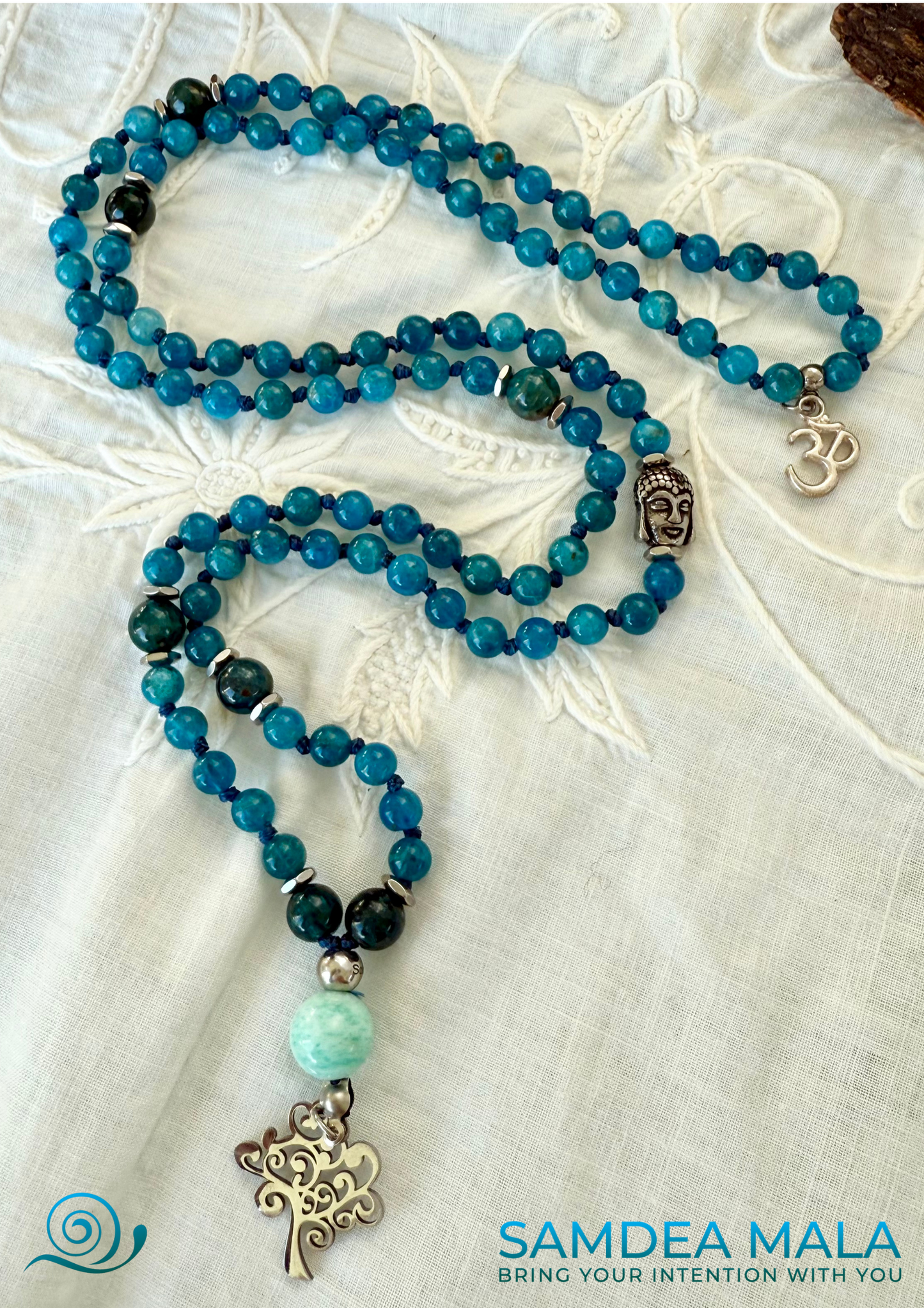 Apatite Mala Beads Necklace Handmade – Meditation Jewelry for Clarity and Focus - meditation bracelet, intention bracelets, custom mala, tibetan wrist mala, energy crystals bracelets, spiritual mala, bracelets with crystals, custom mala bracelet, natural gemstones bracelets - Samdea Mala