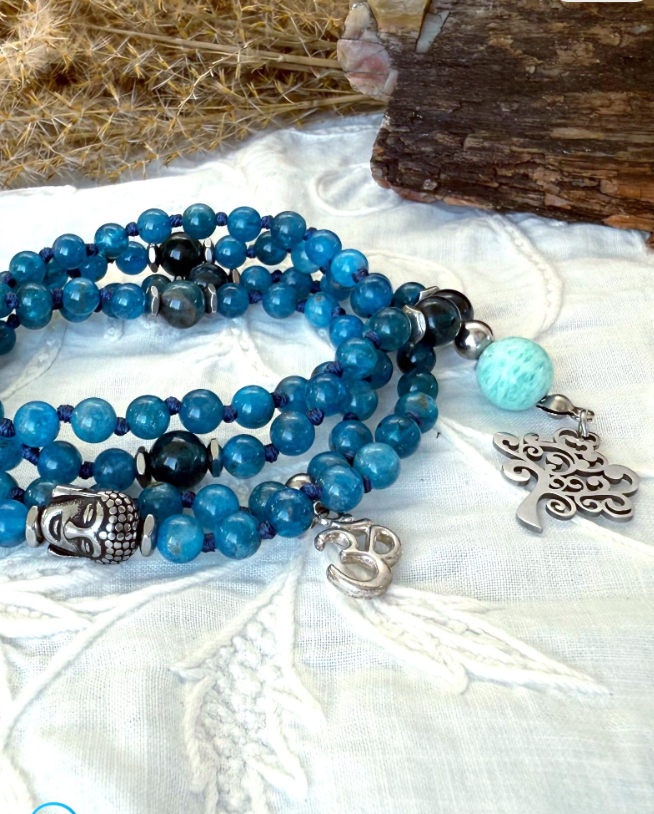 Mini mala in Apatite with Buddha, OM charm and tree of life by Samdea Mala, real, natural gemstone