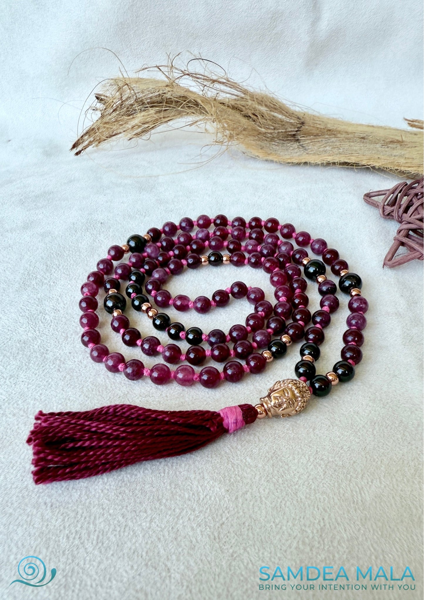 Mini garnet mala necklace 108 beads for meditation, with Buddha charm- Samdea mala
