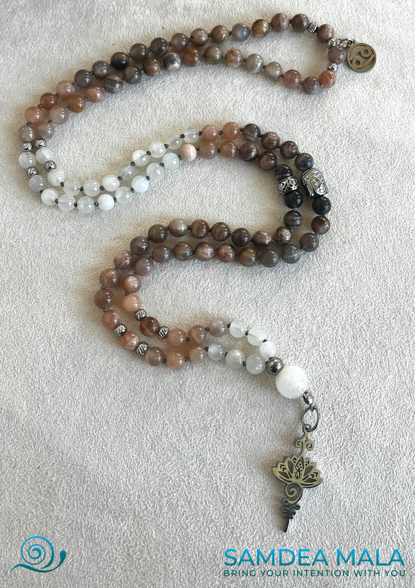 Mala Beads Necklace Handmade – Cancer Mala with Moonstone for Emotional Balance and Intuition - meditation bracelet, intention bracelets, custom mala, tibetan wrist mala, energy crystals bracelets, spiritual mala, bracelets with crystals, custom mala bracelet, natural gemstones bracelets - Samdea Mala