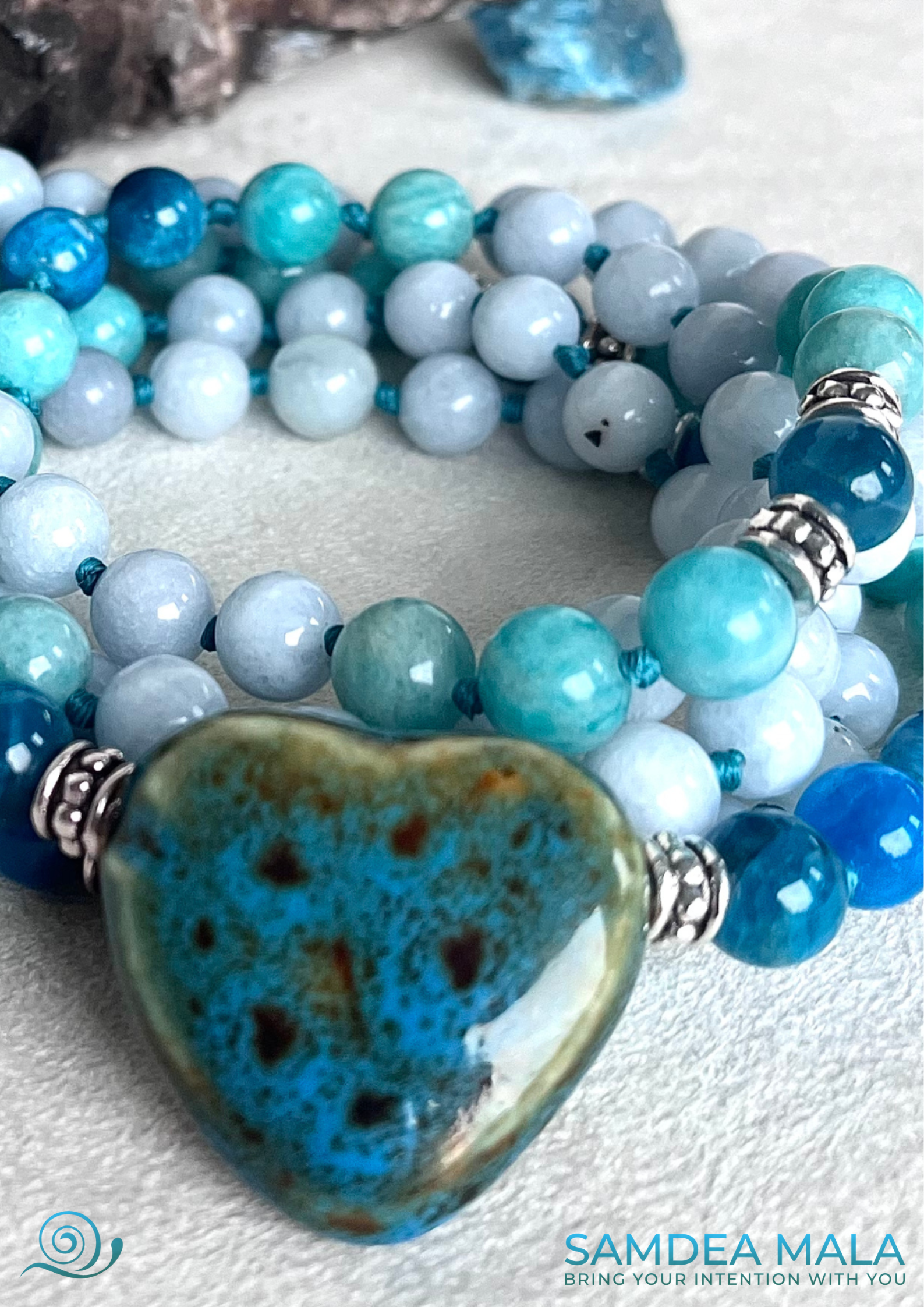 Mala or Short Mala in Apatite, Amazonite, and Aquamarine – Throat Chakra Healing and Compassionate Communication - Samdea Mala