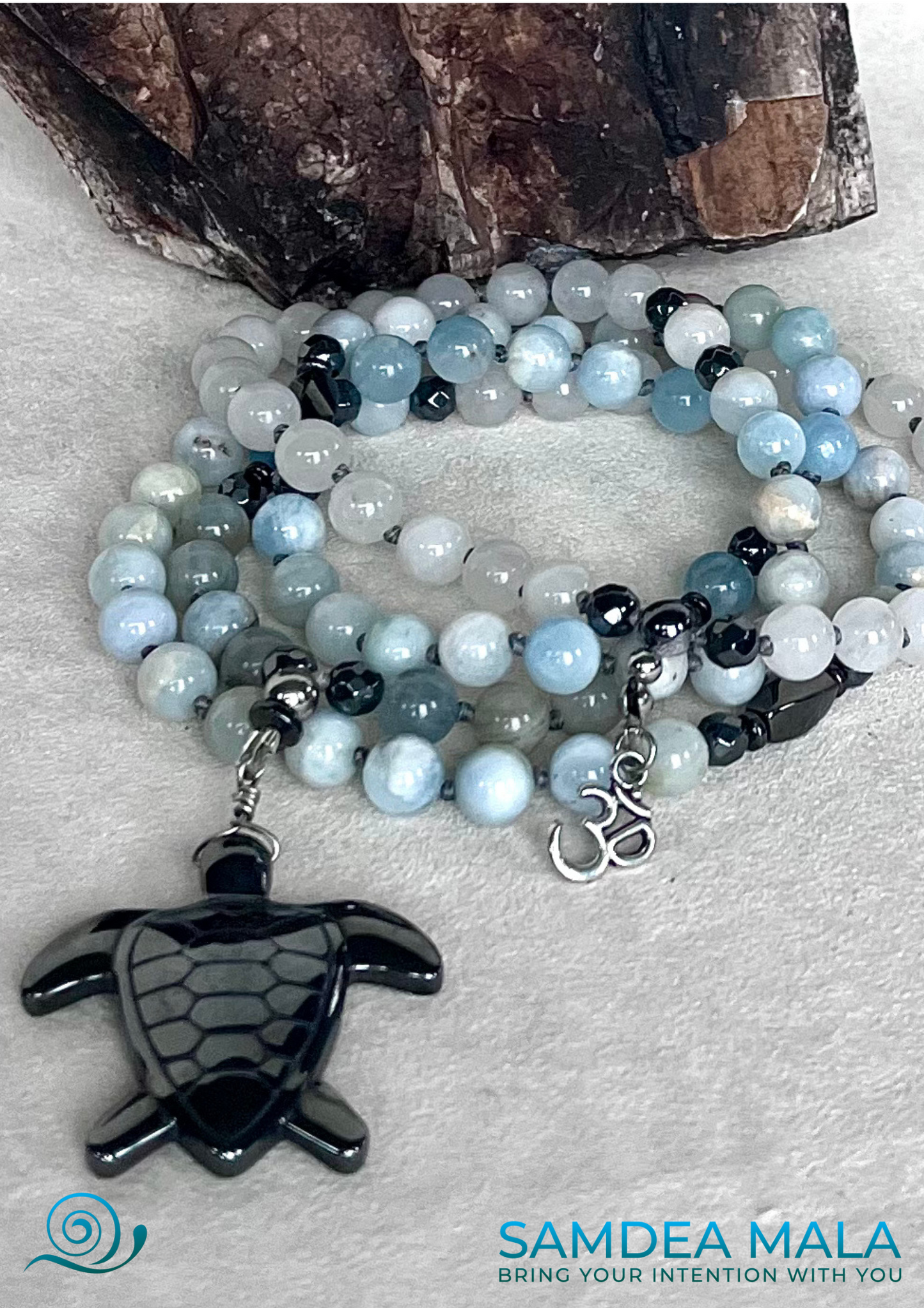 Mala Beads in Aquamarine and White Jade - meditation bracelet, intention bracelets, custom mala, tibetan wrist mala, energy crystals bracelets, spiritual mala, bracelets with crystals, custom mala bracelet, natural gemstones bracelets - Samdea Mala