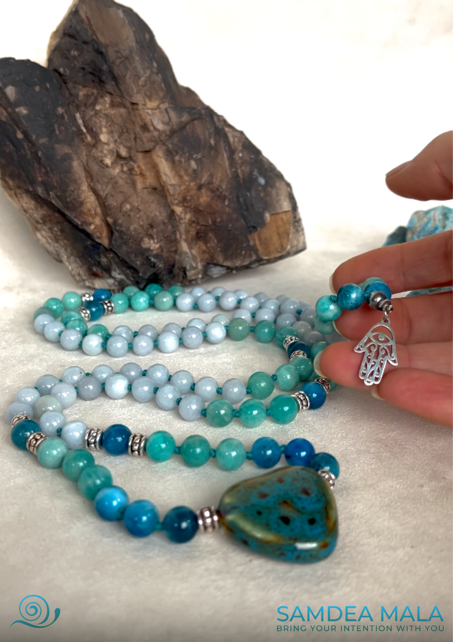Mala or Short Mala in Apatite, Amazonite, and Aquamarine – Throat Chakra Healing and Compassionate Communication - Samdea Mala