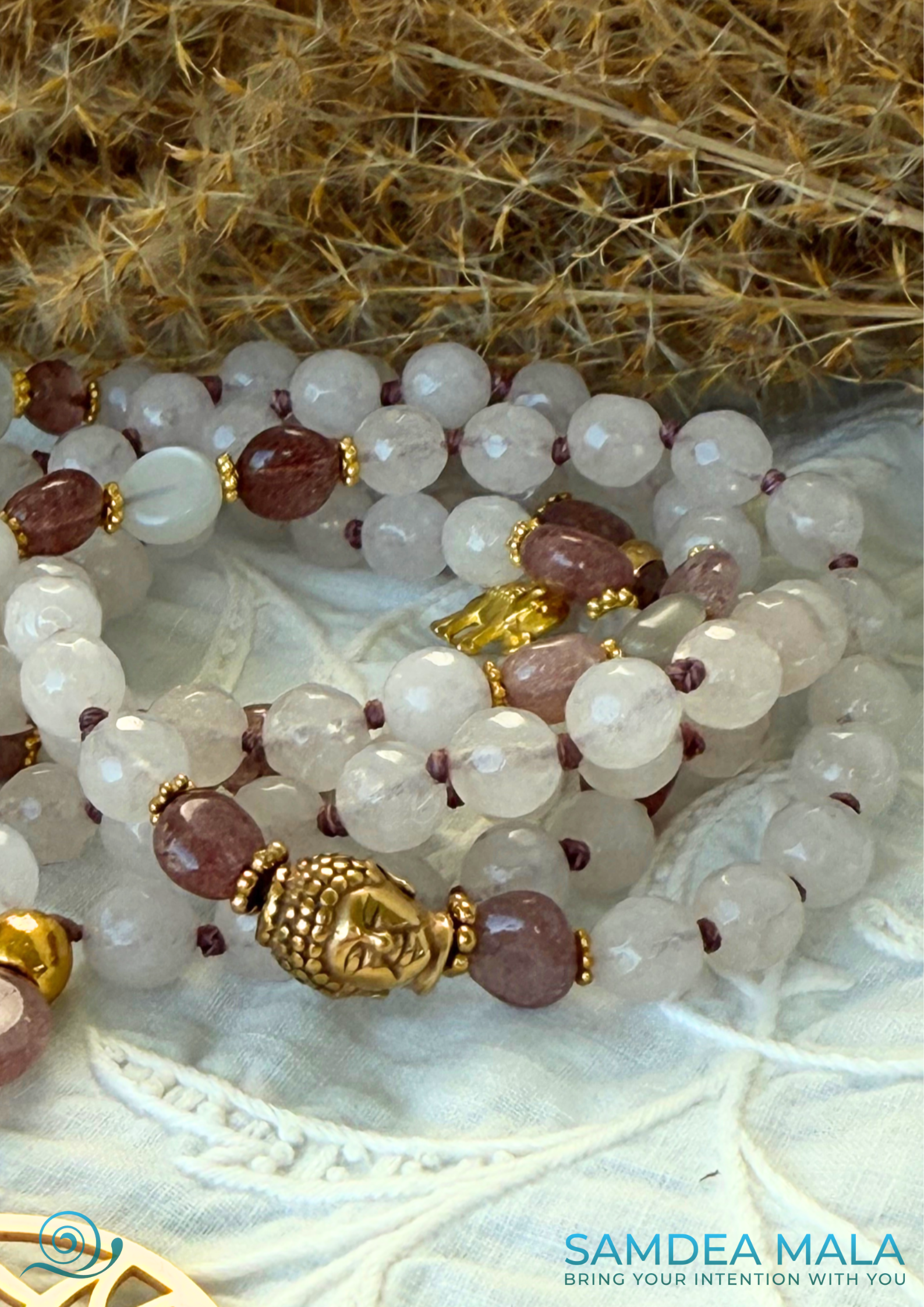 Rose Quartz & Strawberry Quartz Mala – Lotus Flower Pendant for Love and Healing - Samdea Mala