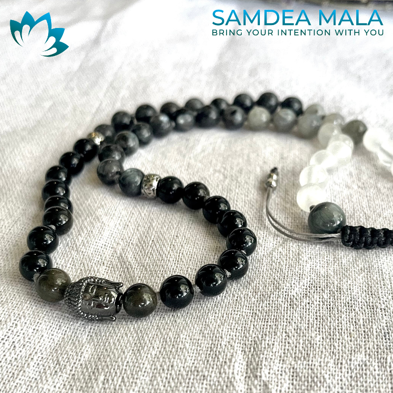 Half Mala & Wrap Bracelet in Obsidian, Labradorite & Selenite – Custom Mala Beads Necklace - meditation bracelet, intention bracelets, custom mala, tibetan wrist mala, energy crystals bracelets, spiritual mala, bracelets with crystals, custom mala bracelet, natural gemstones bracelets - Samdea Mala