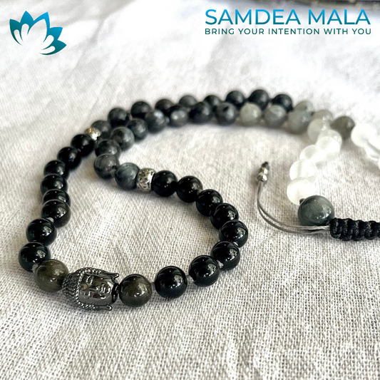 Half mala and three-round bracelet in obsidian, labradorite and selenite