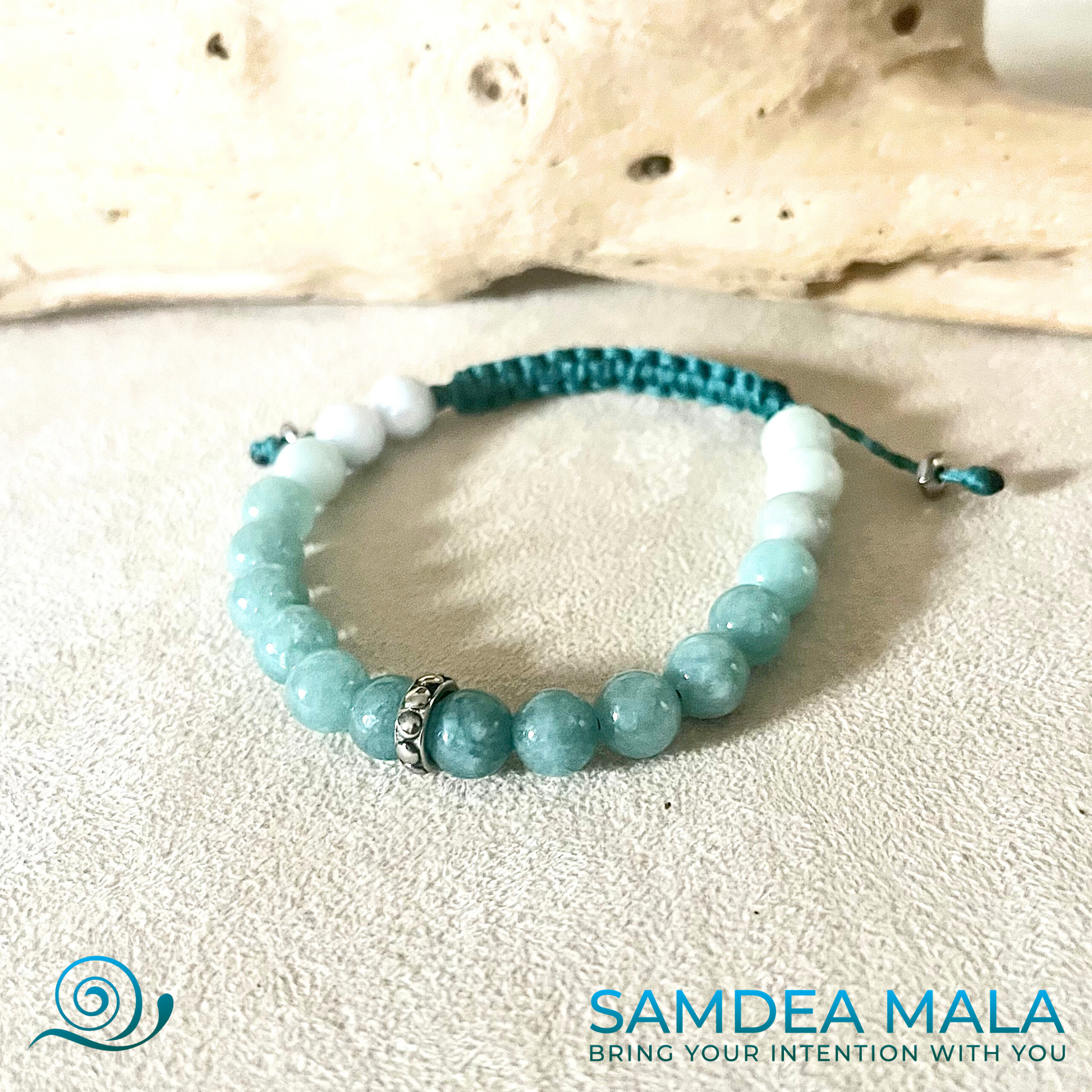 Knotted Bracelet - meditation bracelet, intention bracelets, custom mala, tibetan wrist mala, energy crystals bracelets, spiritual mala, bracelets with crystals, custom mala bracelet, natural gemstones bracelets -  clear blue aquamarine and white jade
