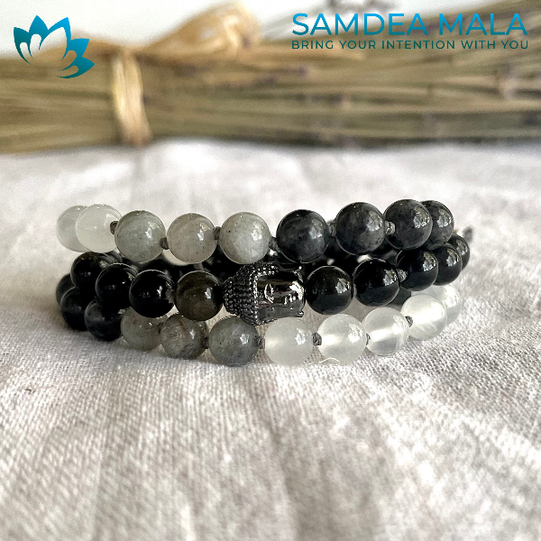 Half Mala & Wrap Bracelet in Obsidian, Labradorite & Selenite – Custom Mala Beads Necklace - meditation bracelet, intention bracelets, custom mala, tibetan wrist mala, energy crystals bracelets, spiritual mala, bracelets with crystals, custom mala bracelet, natural gemstones bracelets - Samdea Mala
