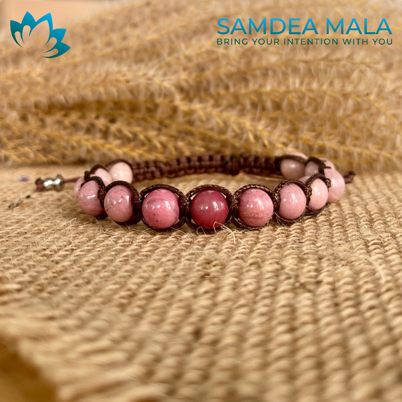 Samdea Mala – Tibetan Rhodonite bracelet for compassion and purpose, love bracelet, Shamballa meditation bracelet with pink spiritual natural gemstones.