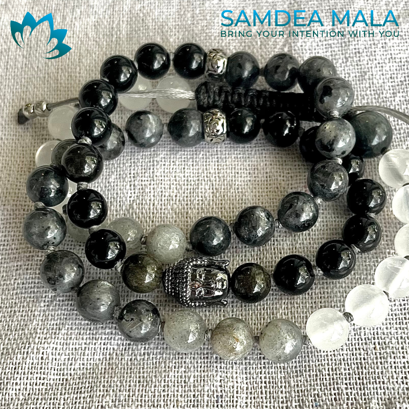 Half Mala & Wrap Bracelet in Obsidian, Labradorite & Selenite – Custom Mala Beads Necklace - meditation bracelet, intention bracelets, custom mala, tibetan wrist mala, energy crystals bracelets, spiritual mala, bracelets with crystals, custom mala bracelet, natural gemstones bracelets - Samdea Mala