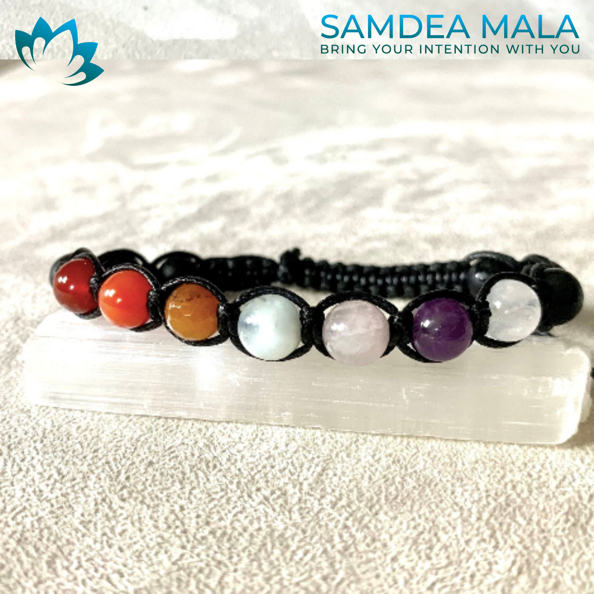 Customizable gemstone bracelet with black thread, chakra gemstones