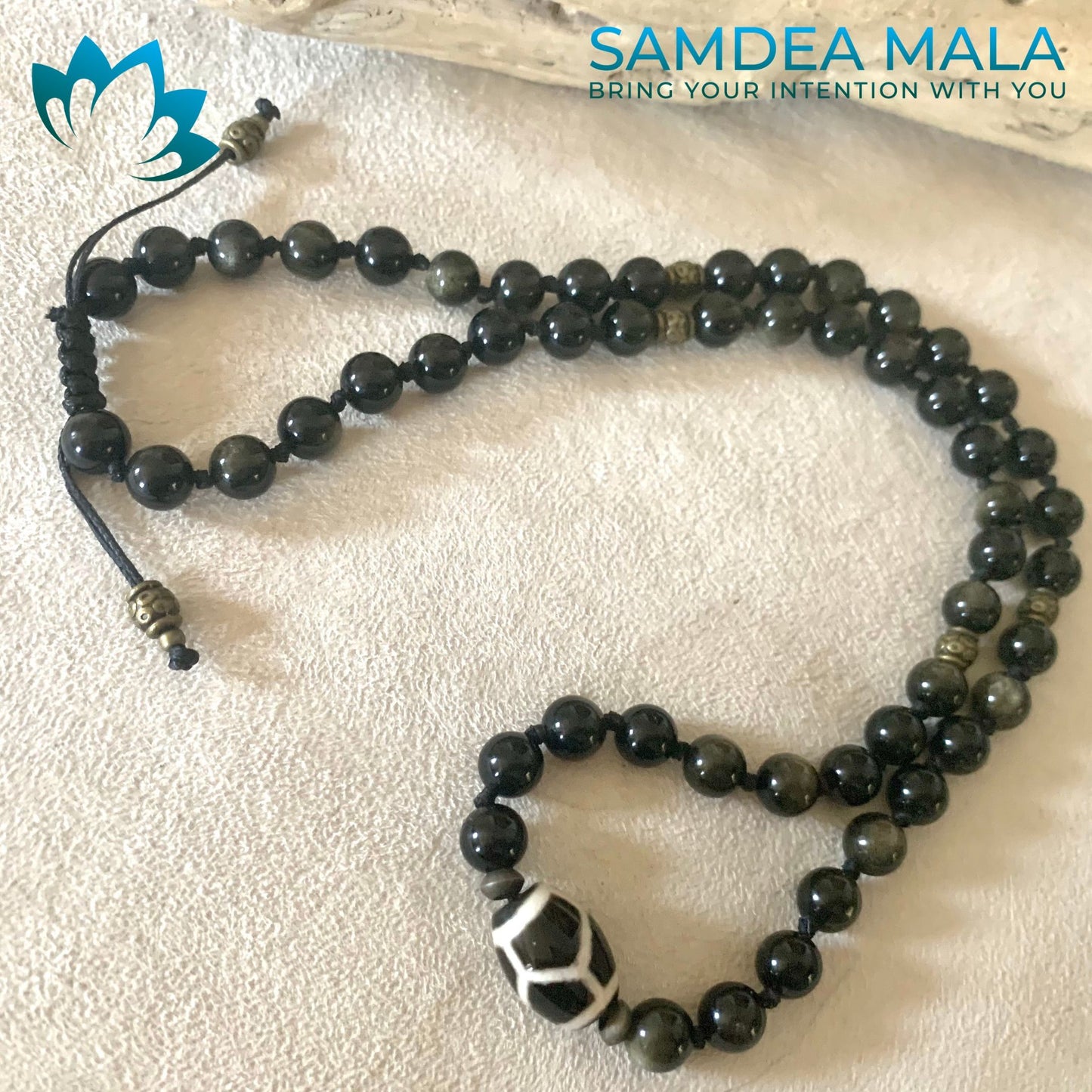 Custom Half Mala 54 beads in obsidian, 3 rouund bracelet, wrap bracelet, mala for man