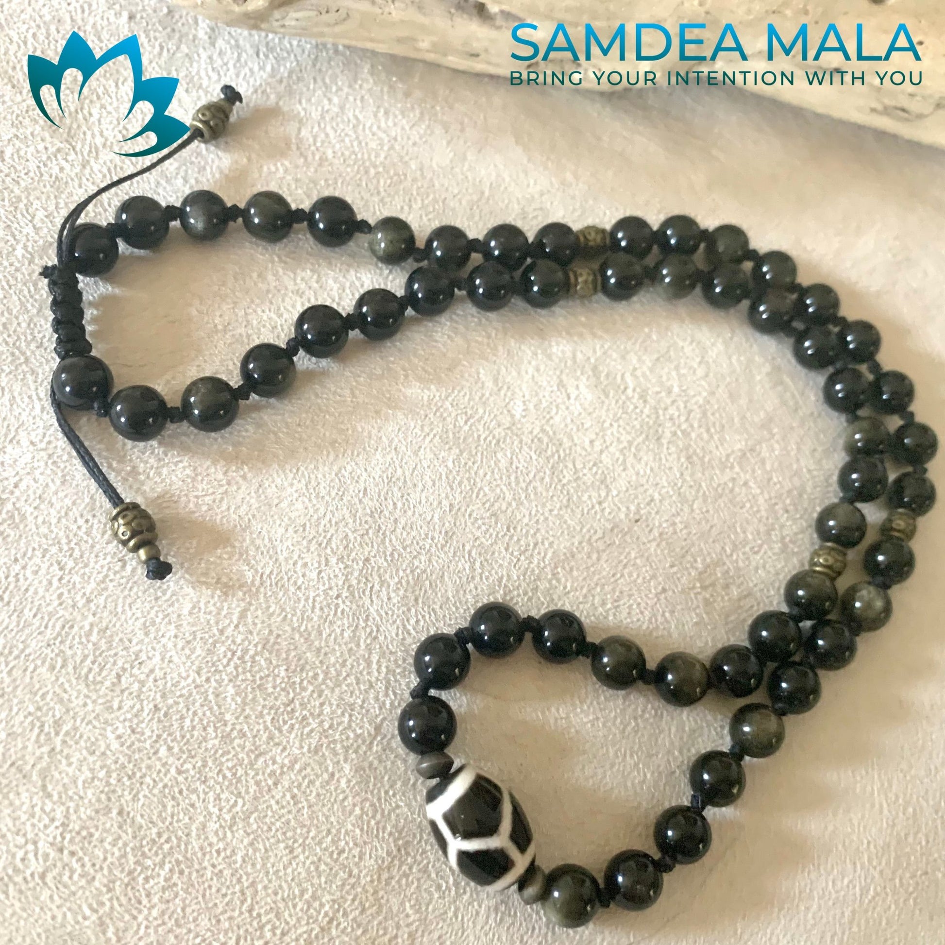 Custom Half Mala 54 beads in obsidian, 3 rouund bracelet, wrap bracelet, mala for man