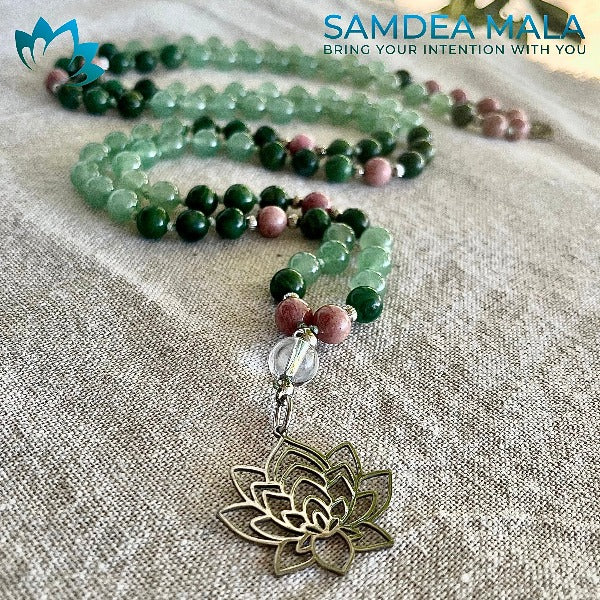 Mala Beads Necklace Handmade – Taurus Mala in Green Aventurine, Jade & Rhodonite - meditation bracelet, intention bracelets, custom mala, tibetan wrist mala, energy crystals bracelets, spiritual mala, bracelets with crystals, custom mala bracelet, natural gemstones bracelets - Samdea Mala