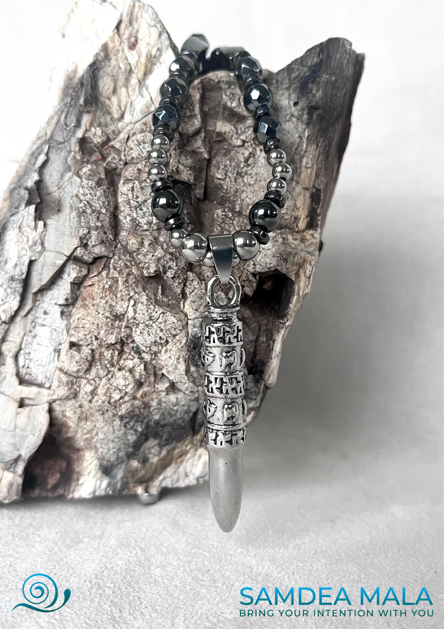 Men Necklace Om Mani Padme Hum in Stainless Steel and Hematite - Samdea Mala