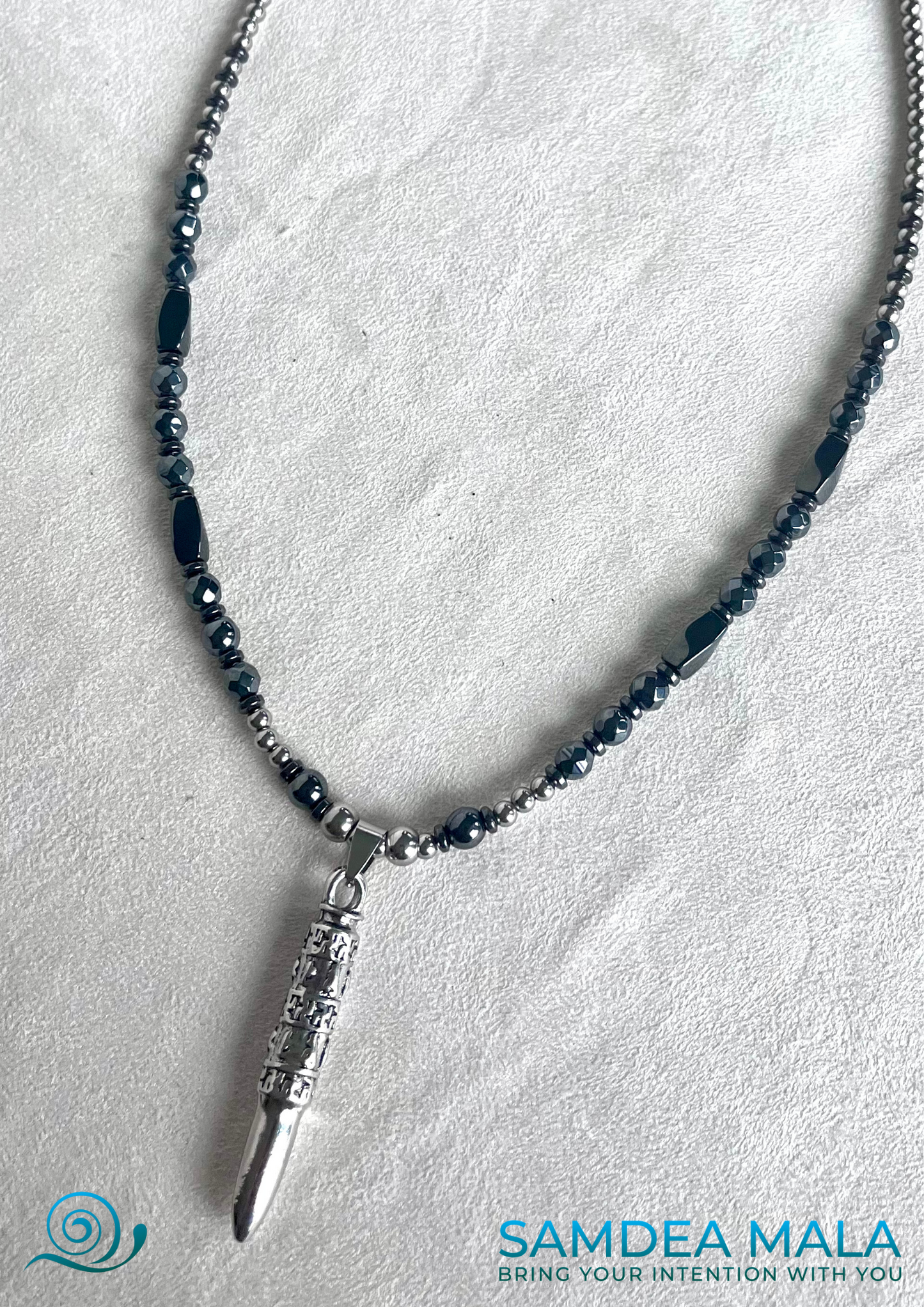 Samdea Mala – Men’s necklace with Om Mani Padme Hum mantra, steel and hematite
