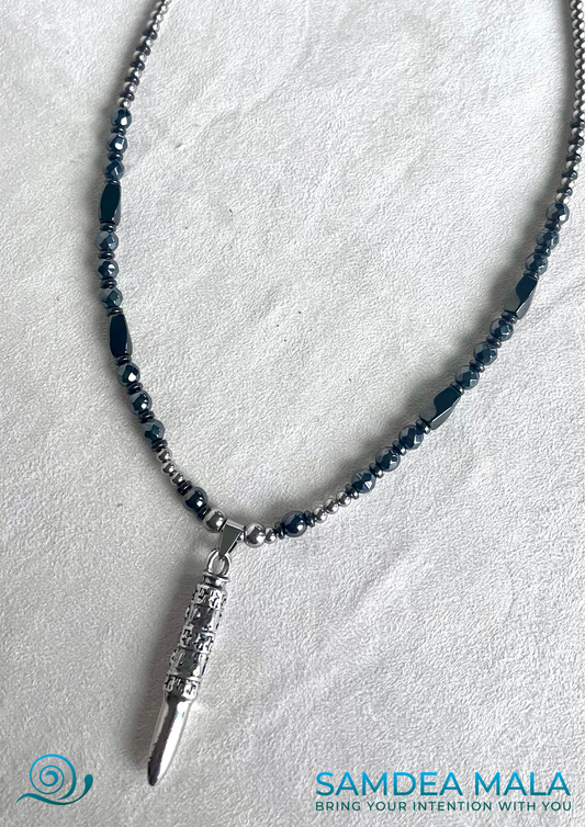 Samdea Mala – Men’s necklace with Om Mani Padme Hum mantra, steel and hematite