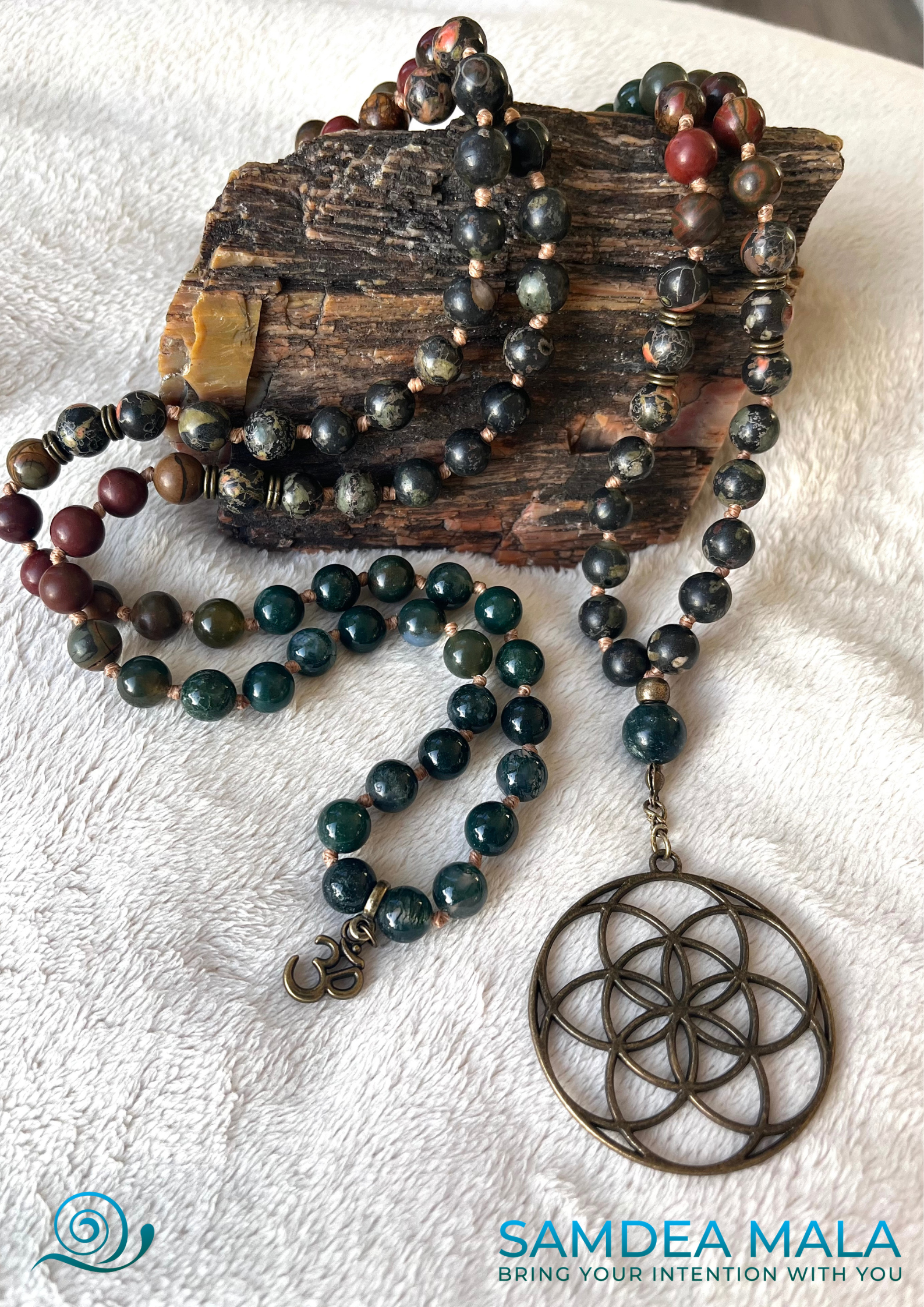 Mindfulness gift: custom mala in jade and jasper, with seed of life pendant