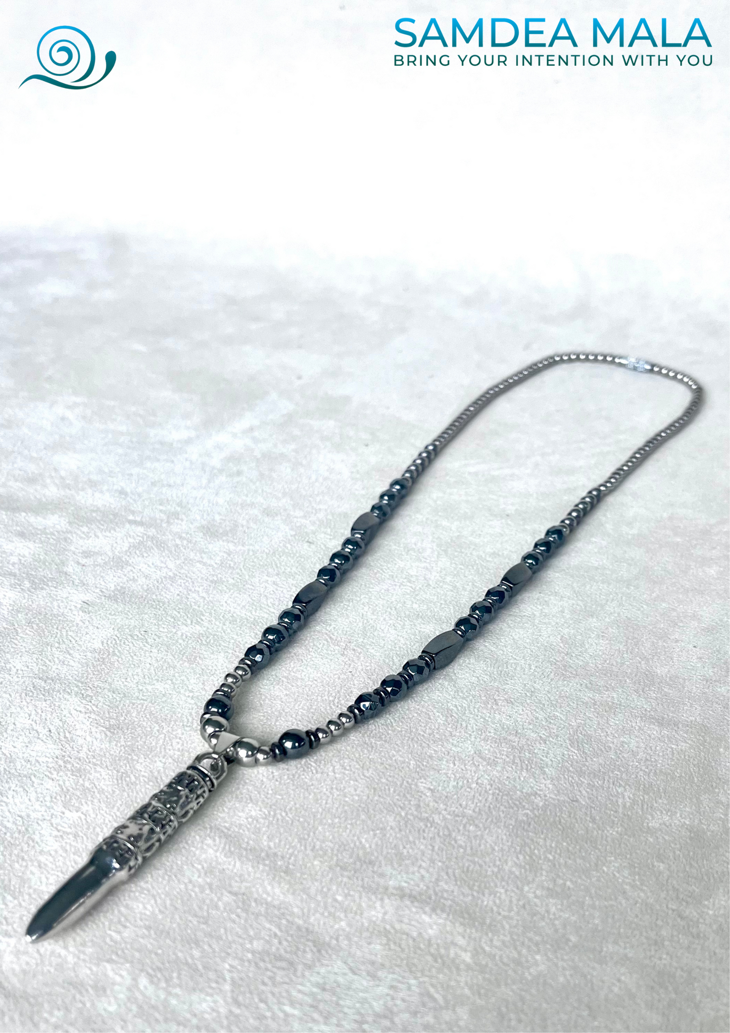 Men’s necklace with Om Mani Padme Hum mantra, steel and hematite for strenght